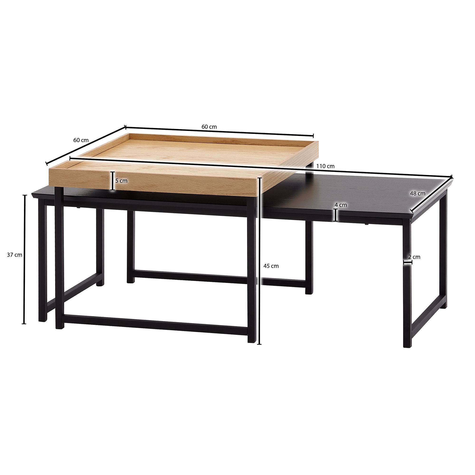 Wohnling Modern), Set Sofatisch Holz WL6.501 2-teilig, Eiche Eckig (2er Couchtisch Wohnzimmer Satztisch Beistelltisch Metall /