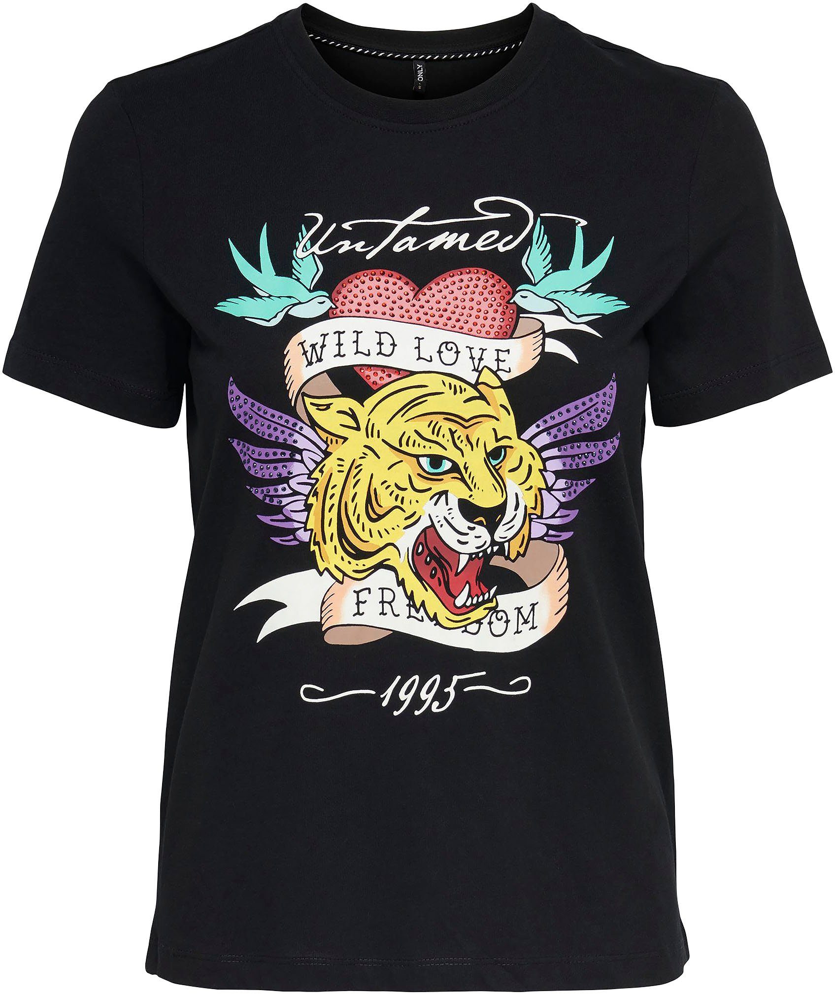 es gibt gute Umsätze ONLY Kurzarmshirt ONLALICE REG JRS HEART S/S Print:Wild BOX TOP Black