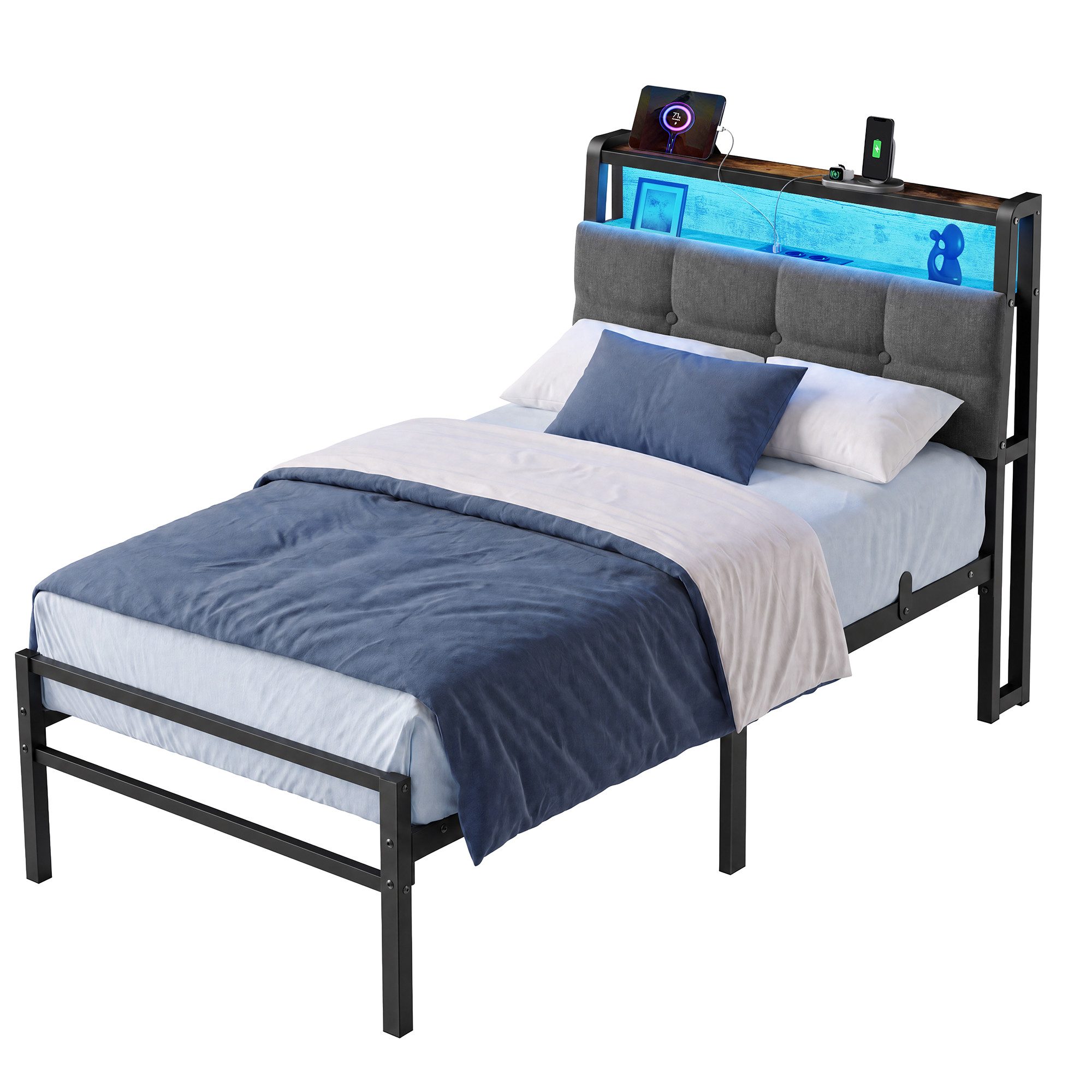 VASAGLE Bettgestell mit Kopfteil, Bett mit Stauraum und LED Beleuchtung, Steckdosen, Metallbett, 90 x 200 cm, Mattes Schwarz, für Schlafzimmer