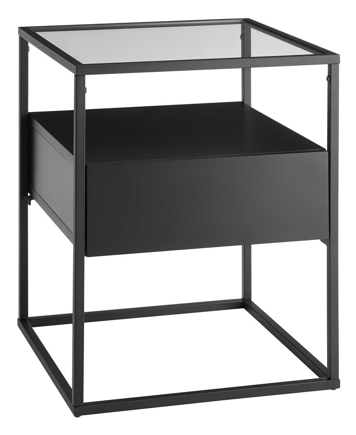 MCA furniture Beistelltisch EVORA, Klarglas, 43 x 43 cm, mit Schublade, mit Ablage, Schwarz, Metallgestell
