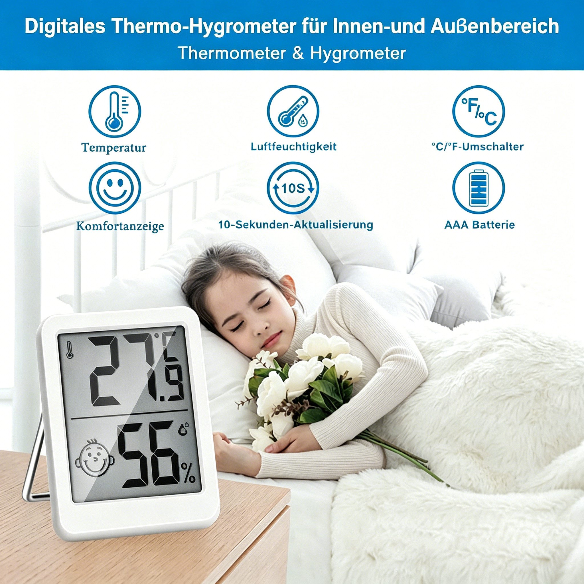 nsihing Digitales Hygrometer mit Thermometer, Innen, Lächelnd, Magnetisch Innenwetterstation (Hohe Präzision, Büro/Zu Hause/Babyzimmer, °C/°F Umschaltbar)
