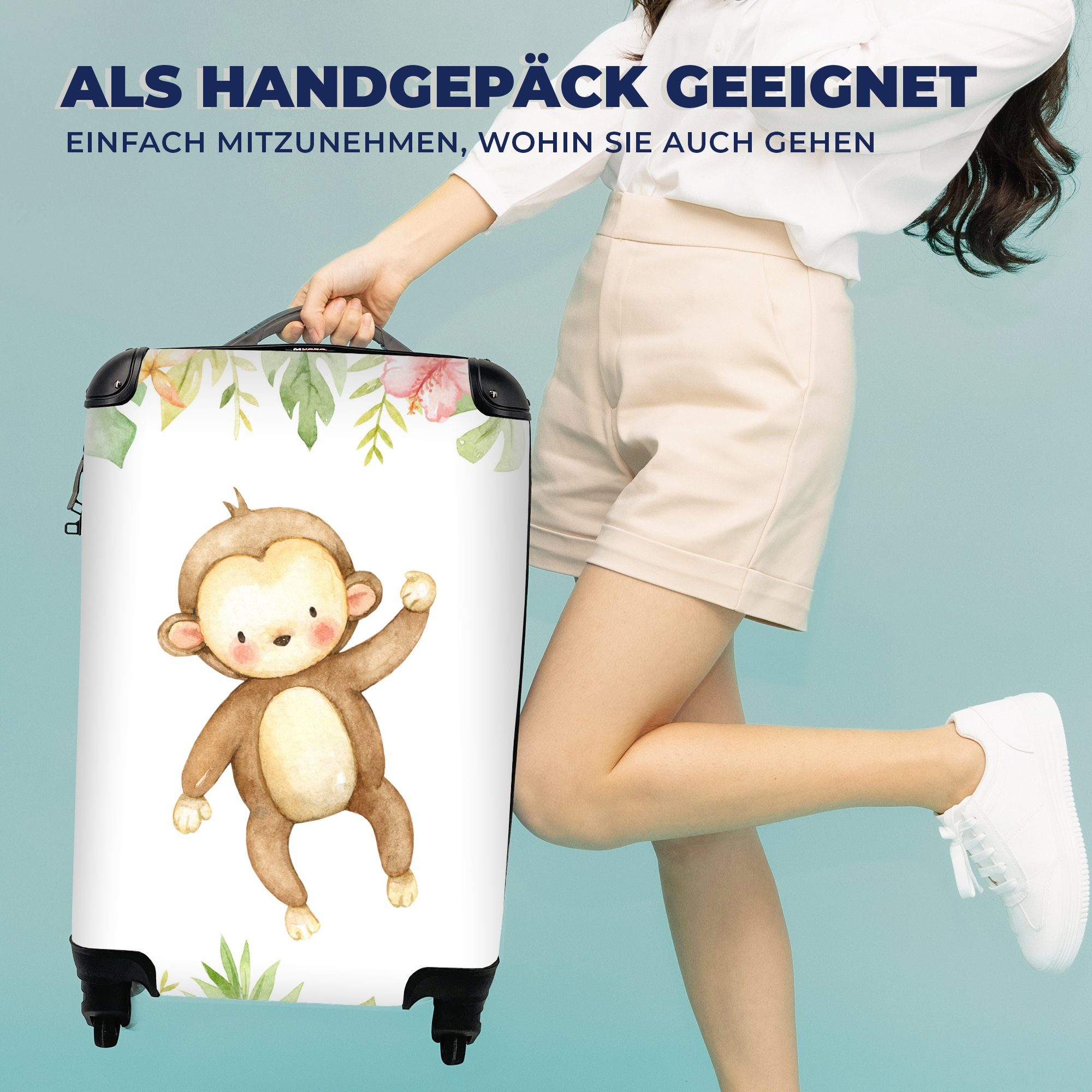 Blumen Handgepäck für Trolley, Ferien, Dschungel, 4 rollen, Rollen, mit Reisetasche MuchoWow - Reisekoffer Affe Handgepäckkoffer -