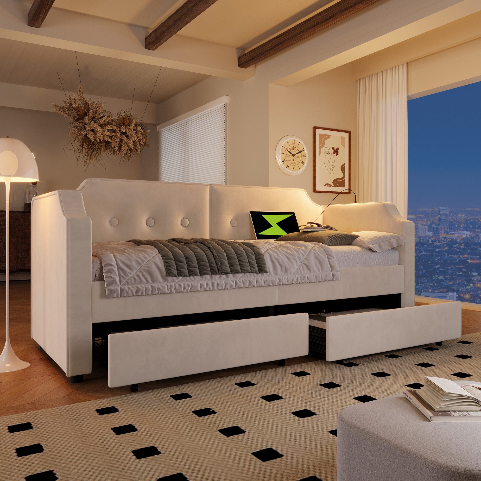 Flieks Daybett, Polsterbett Schlafsofa 90x200cm 2 Schubladen/ Leselicht/ La günstig online kaufen