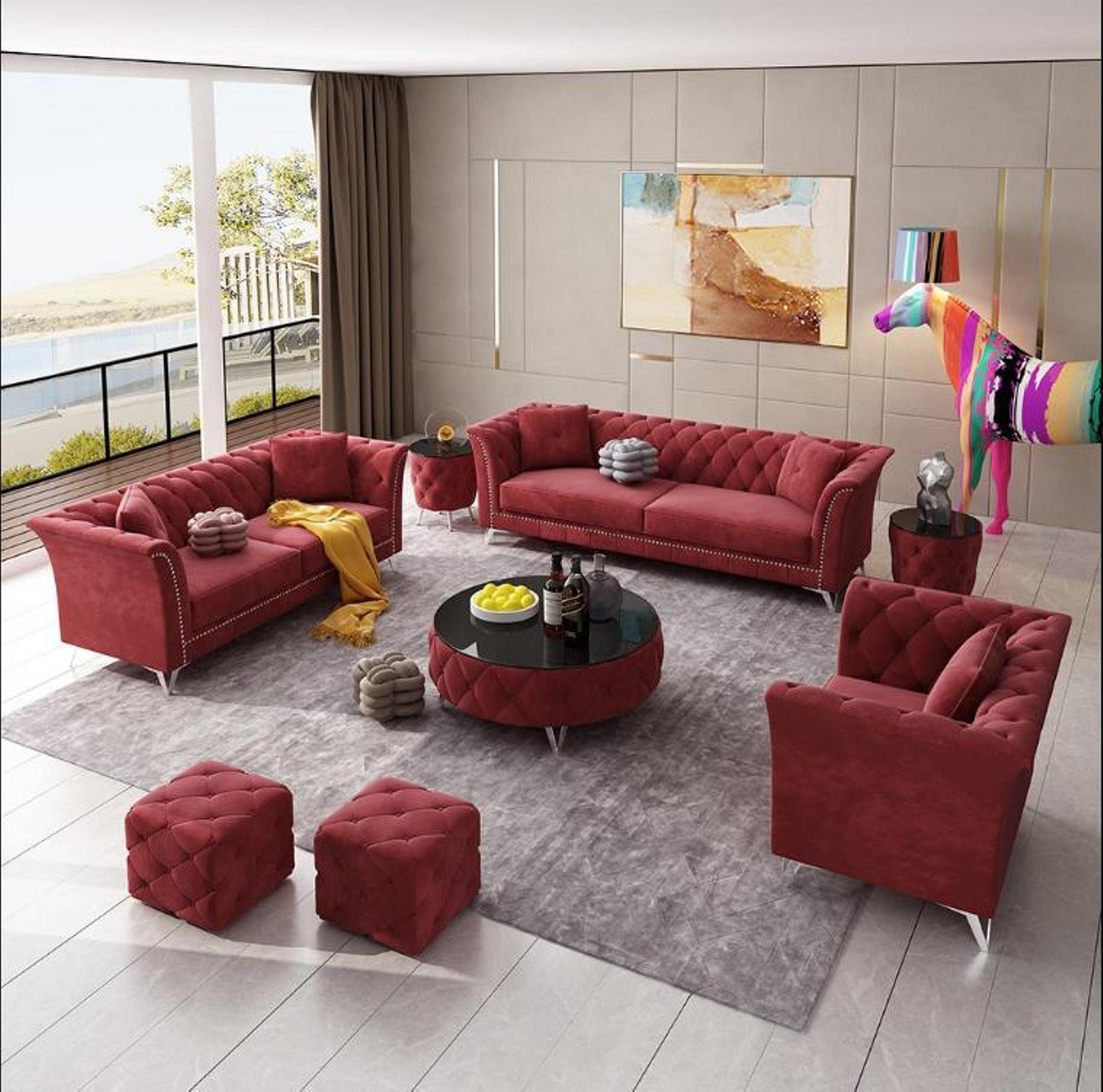 JVmoebel Wohnzimmer-Set Chesterfield Set 8tlg Set Couch Garnitur Beistelltisch Couchtisch Sofa Rot | Wohnwände