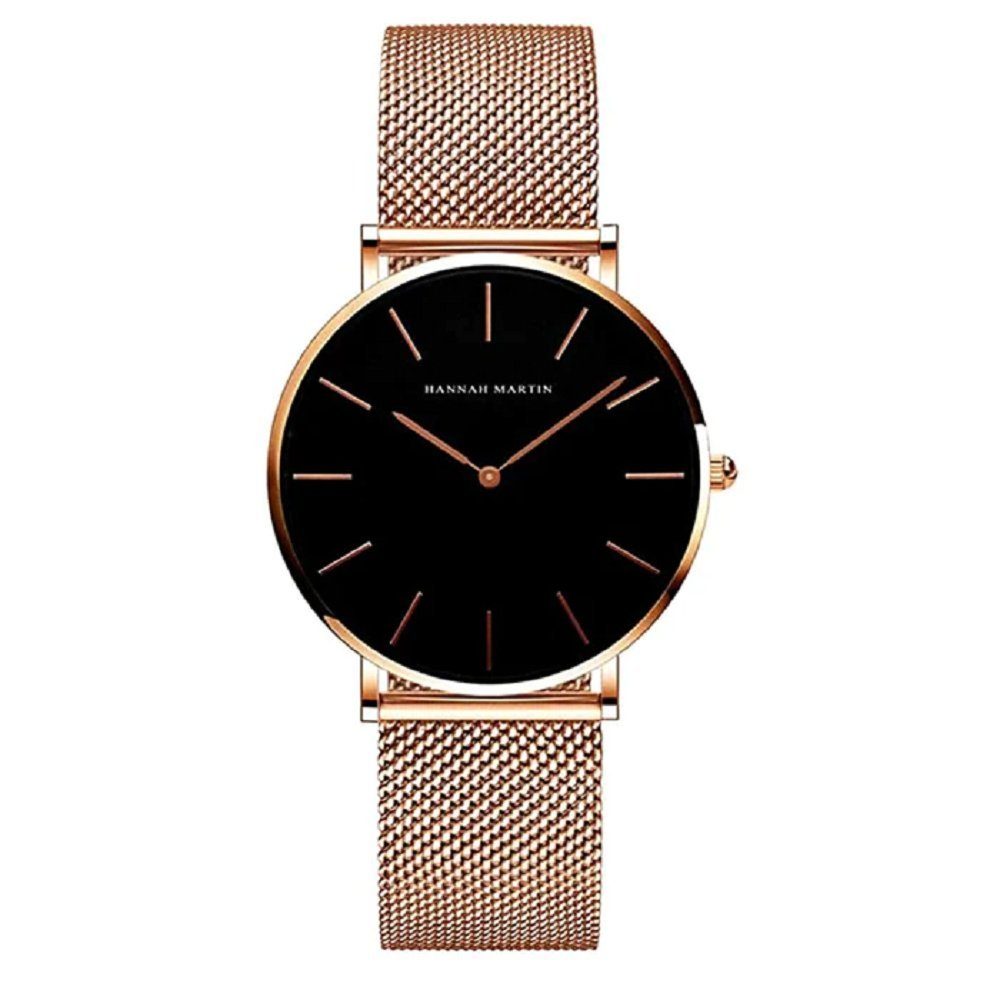 Quarzuhr schlanke Armbanduhr für Damen in Rosegold mit schwarzem Ziffernblatt