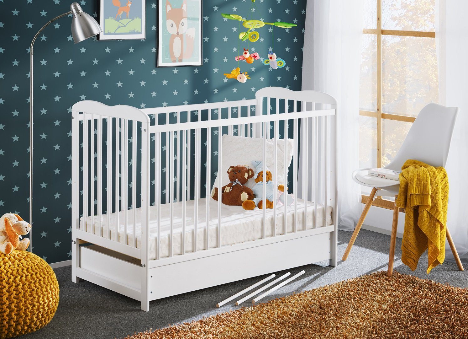ASM-Moebel Babybett Babybett Gitterbett Beistellbett + Matratze und Schublade ALA 120x60, Mit Schlupfsprossen, Schublade, Abnehmbarer Bezug, Drei Positionen