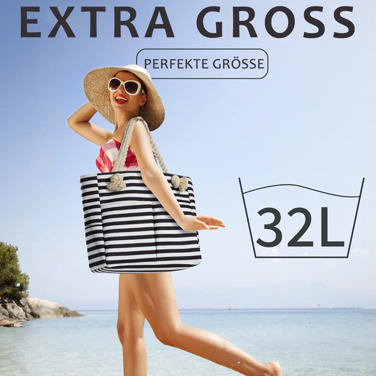 MOPUEA Strandtasche Strandtasche wasserdicht Damen mit Reißverschluss und großem Stauraum (XXL Strandtasche für Strand, Reisen, Sport und Einkäufe, Viel Stauraum für Handtücher, Kleidung und Strandzubehör), Wasserdicht, reißfest, leicht, großes Nassfach innen
