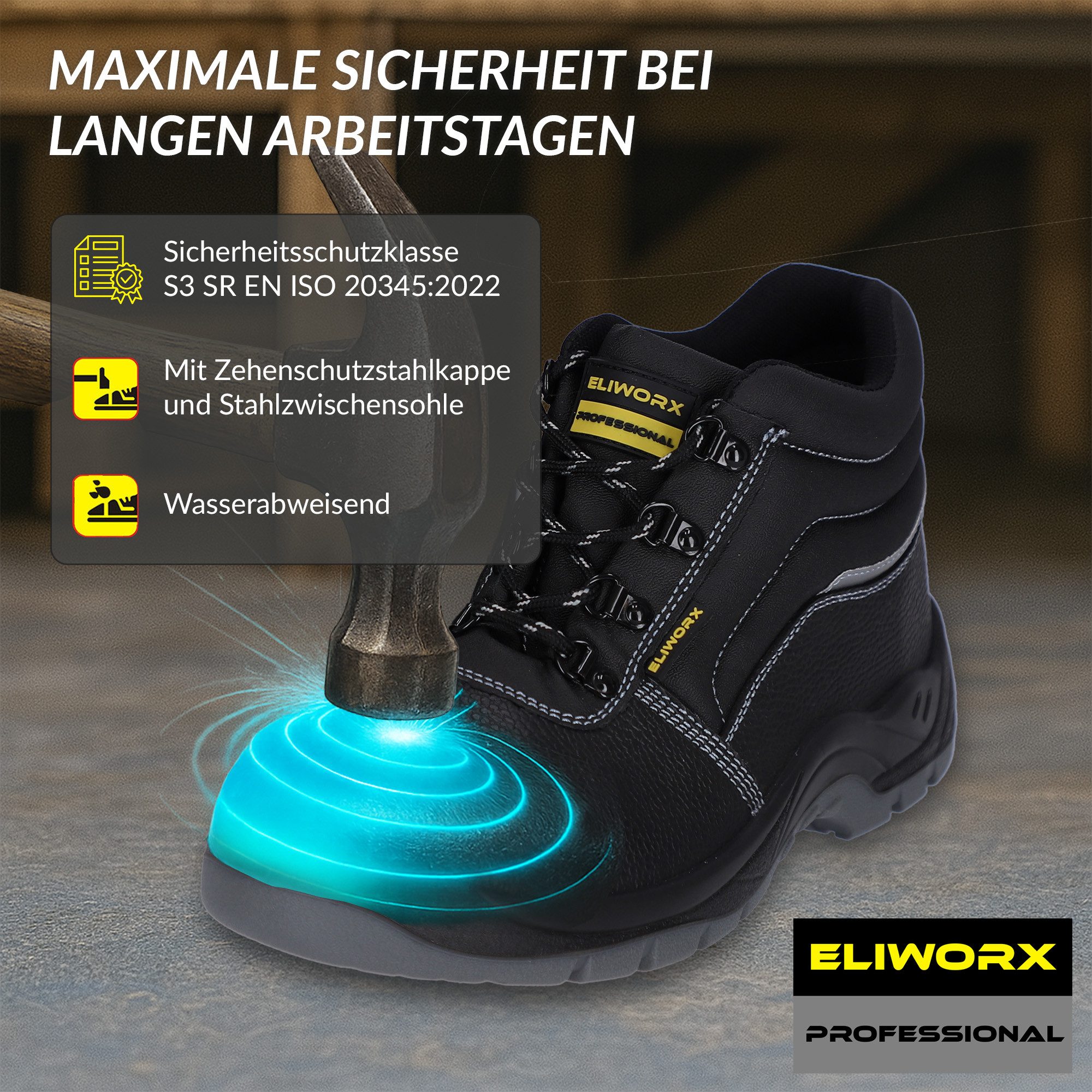 ELIWORX S3 SR Schuh mit Stahlkappe aus echtem Rindleder - Arbeitsschuhe Herren Sicherheitsschuh Atmungsaktiv, Durchtrittsichere Zwischensohle, besonders rutschhemmend