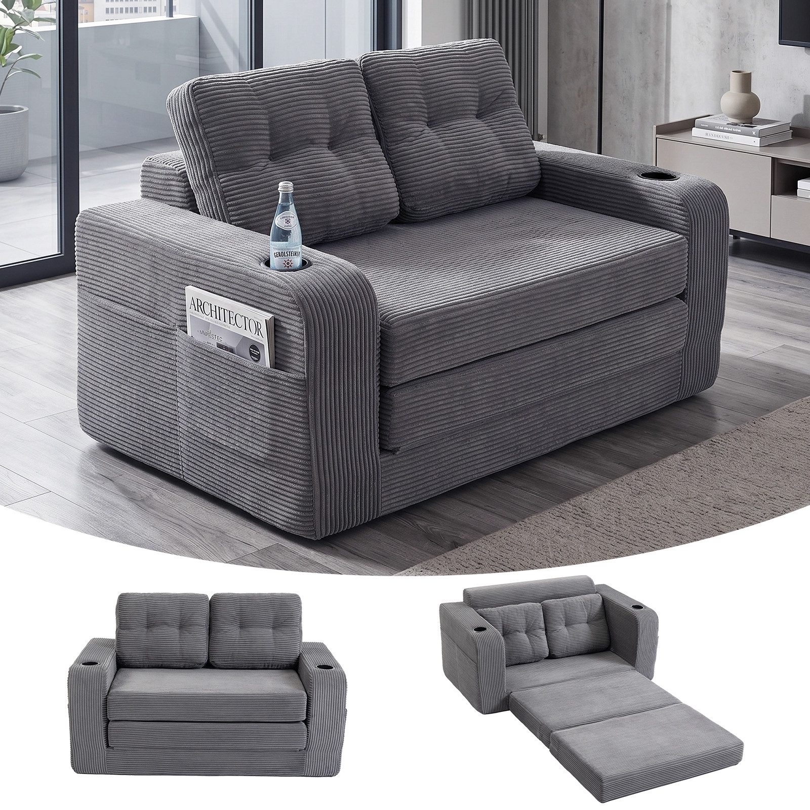 GLP Schlafsofa 2-Sitzer, Sofa 136x80 cm, Klappsofa platzsparend, mit Getränkehaltern, Seitentaschen, Liegefläche 186x100 cm