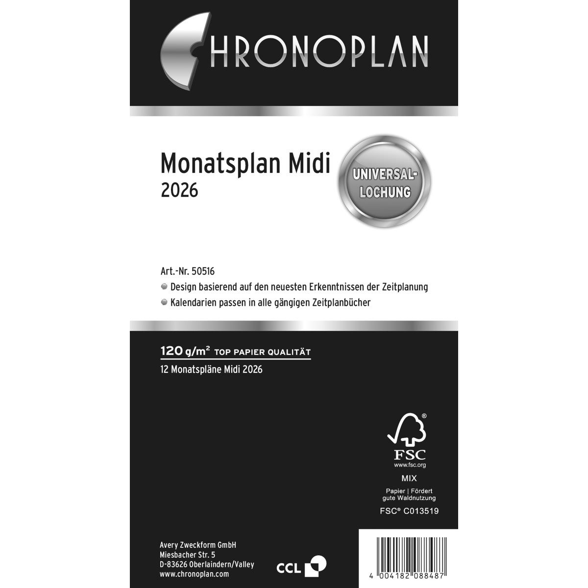 CHRONOPLAN Terminplaner Monatsplan A6 Midi Kalendarium 2026