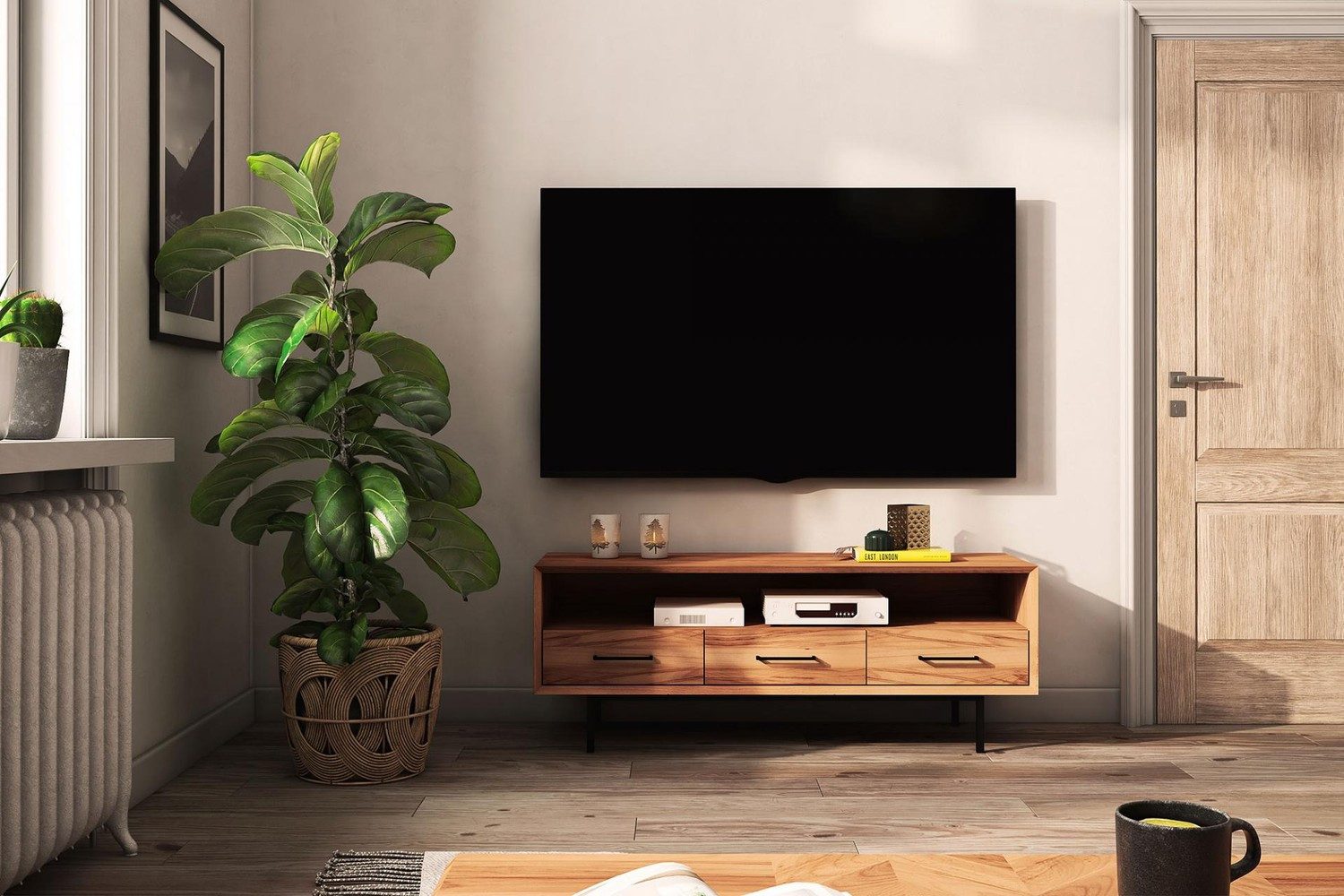 Natur24 Lowboard TV-Board Seiba Kernbuche 144x45x50 mit 3 Schubladen und 1 offenem Fach