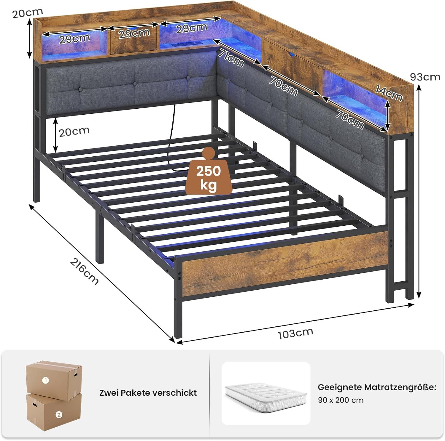 MSMASK Daybett Polsterbett Jugendbett mit LED-Beleuchtung und USB-Ladestation, Bettgestell mit Lattenrost aus Metall, 90 x 200 cm