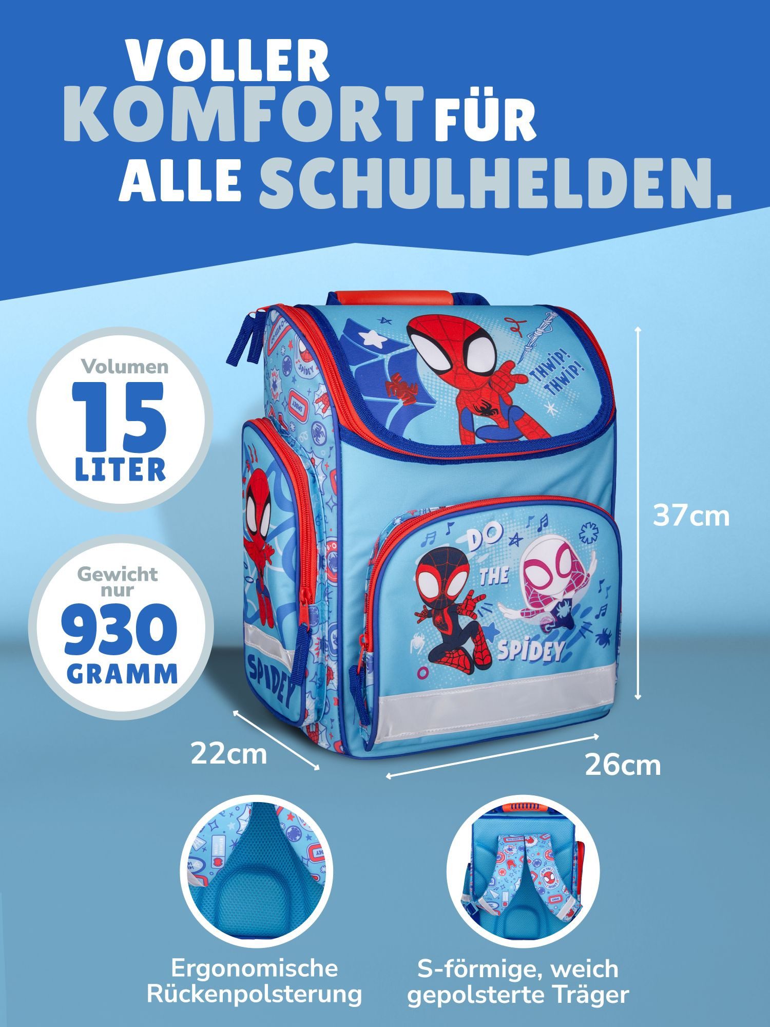 Familando Schulranzen Schulranzen SPIDEY 1.-4. Klasse ergonomisch, leicht, Volumen 15 Liter (10-tlg., inkl. Sporttasche und Schultüte / Zuckertüte 70cm), SPIDEY – Bild 2 von 5