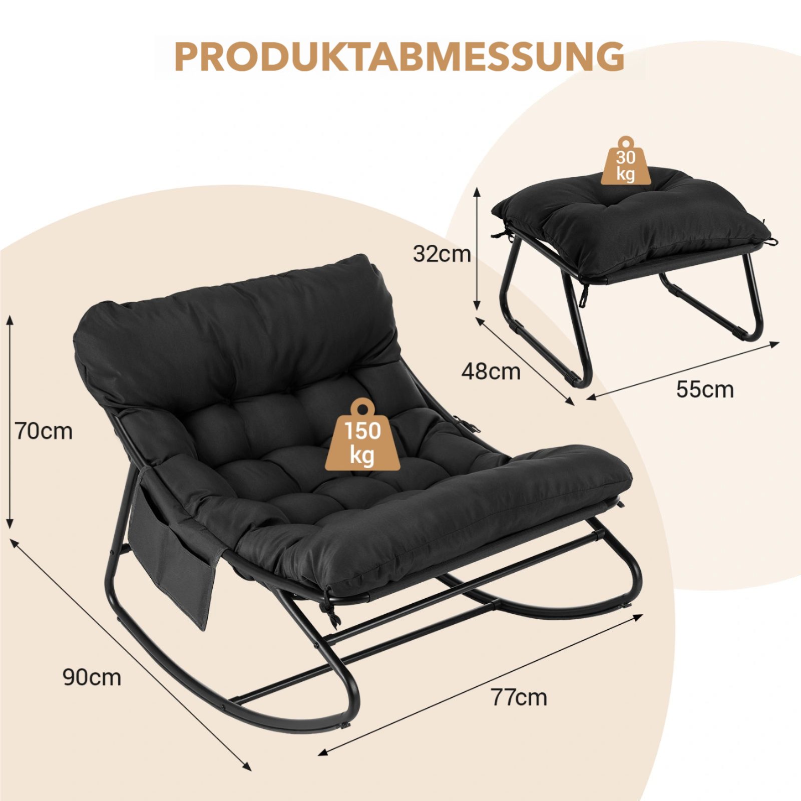 TLGREEN Schaukelstuhl mit gepolstertem Kissen und Fußhocker,Lounge Sessel mit Metallrahmen, 150kg Tragfähigkeit,Ideal für Balkon,Garten,Wohnzimmer,Schlafzimmer