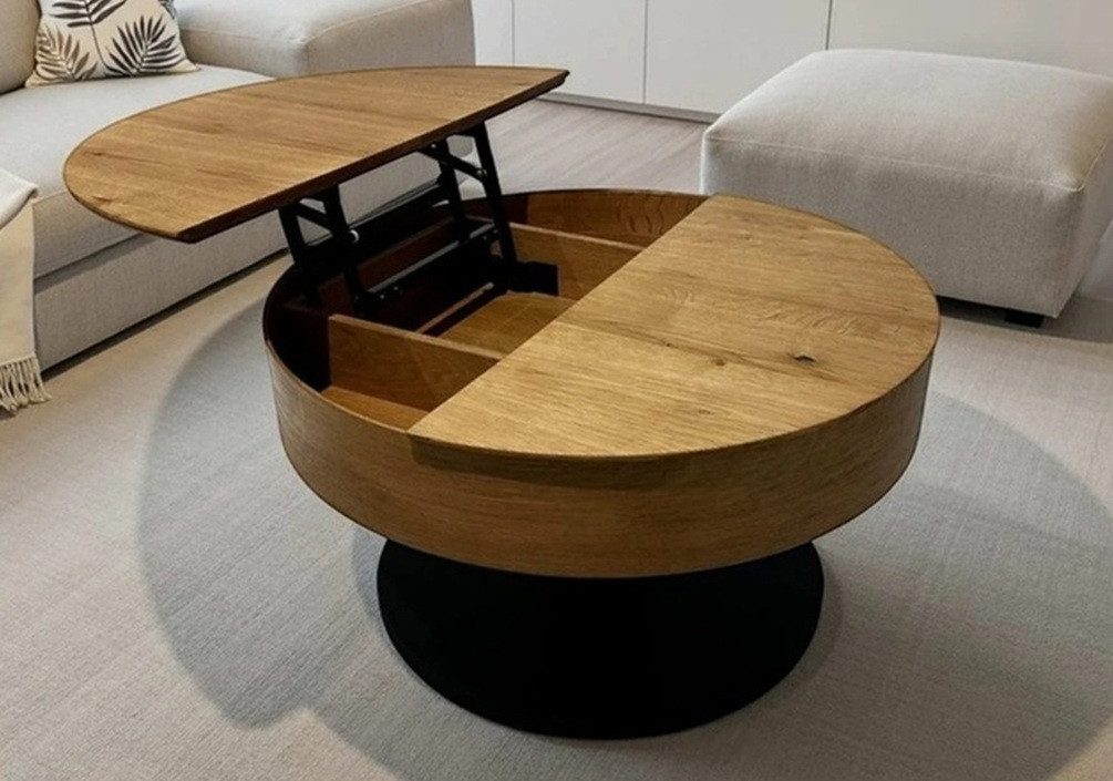 Furnhaus Couchtisch Antigo rund höhenverstellbar Eiche Lift (1-teilig, 1-St., mit Liftfunktion und Weichbodenrollen), Wohnzimmertisch Ø80 mit Aufklappfunktion Ablagefach Rollen