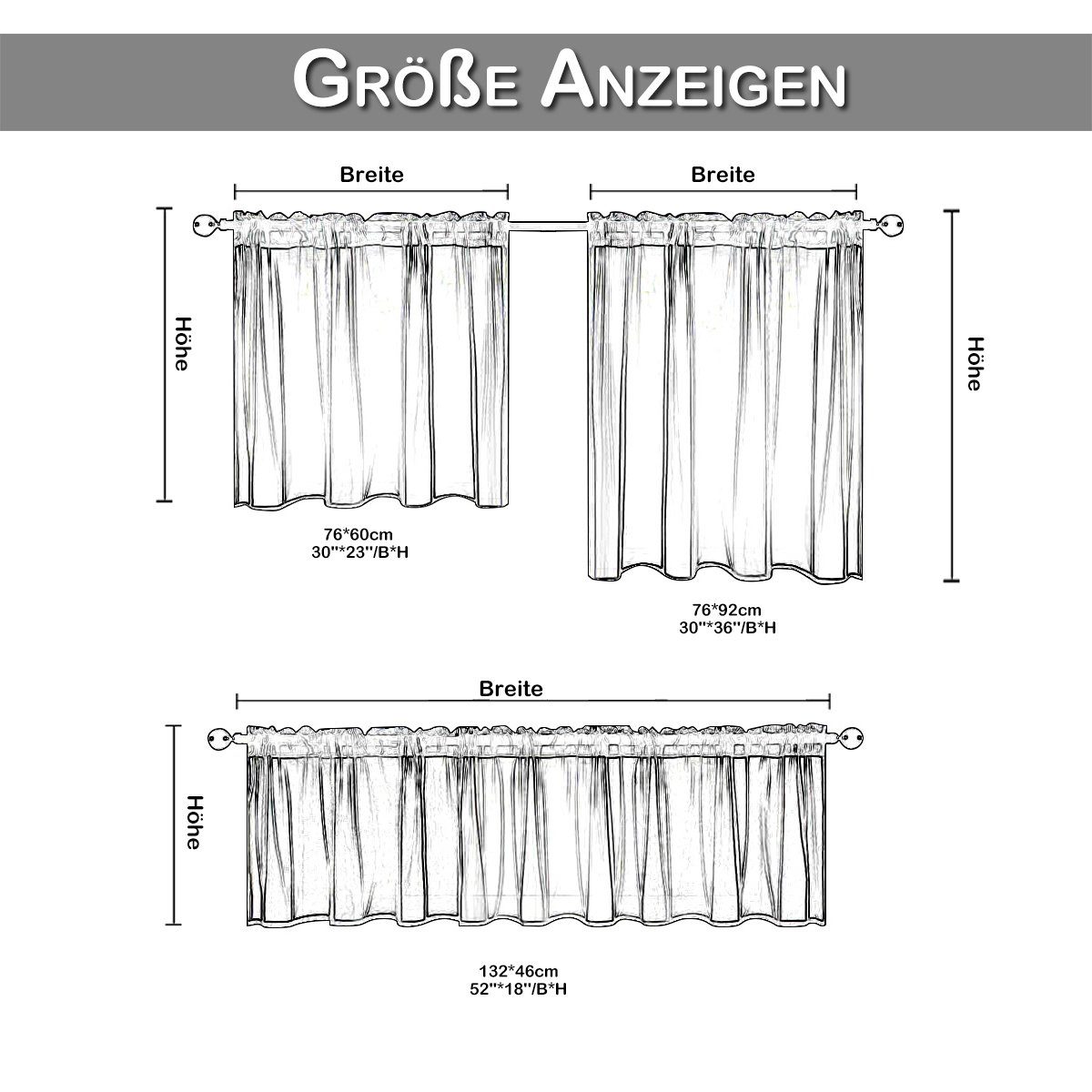 Vorhänge Vorhänge,Stabtaschenkopf, Rüschenbesatz, St/2 Grau Gardinen cm) 76*60;76*92;132*46( St), B*H: BTTO, Bistrogardine,mit Scheibengardine (1 St), (1 Halbtransparent Kurze