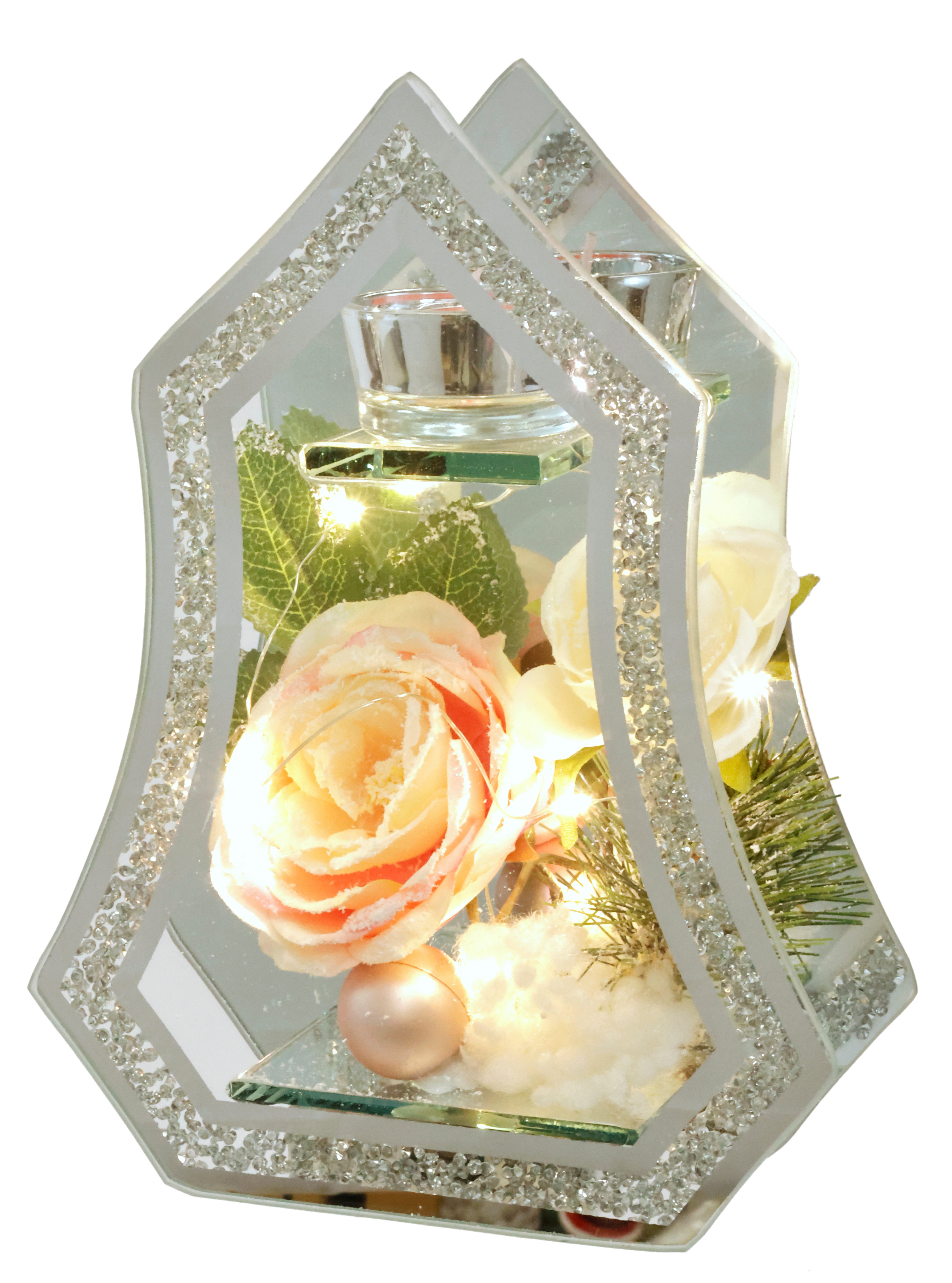 I.GE.A. Teelichthalter Deko-Objekt mit LED Licht und Teelichtkerze (1 St), Mit Rose Tanne Kugel Kunstschnee Weihnachtsdeko Kerzenhalter Geschenk
