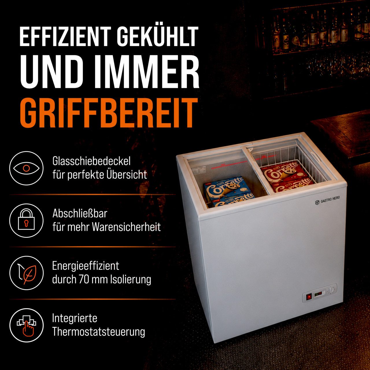 GastroHero Gefriertruhe Tiefkühltruhe 97 Liter mit Glasschiebedeckel & Schloss - Eistruhe TKTR-ECO100N, 58.5 cm breit, 97 l
