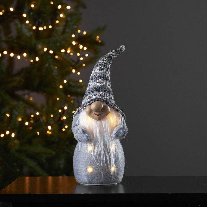 STAR TRADING LED Dekoobjekt LED Weihnachtsmann Stoff Wichtel mit Zipfelmütze Stoff H: 40cm Batterie grau LED Classic warmweiß (2100K bis 3000K)