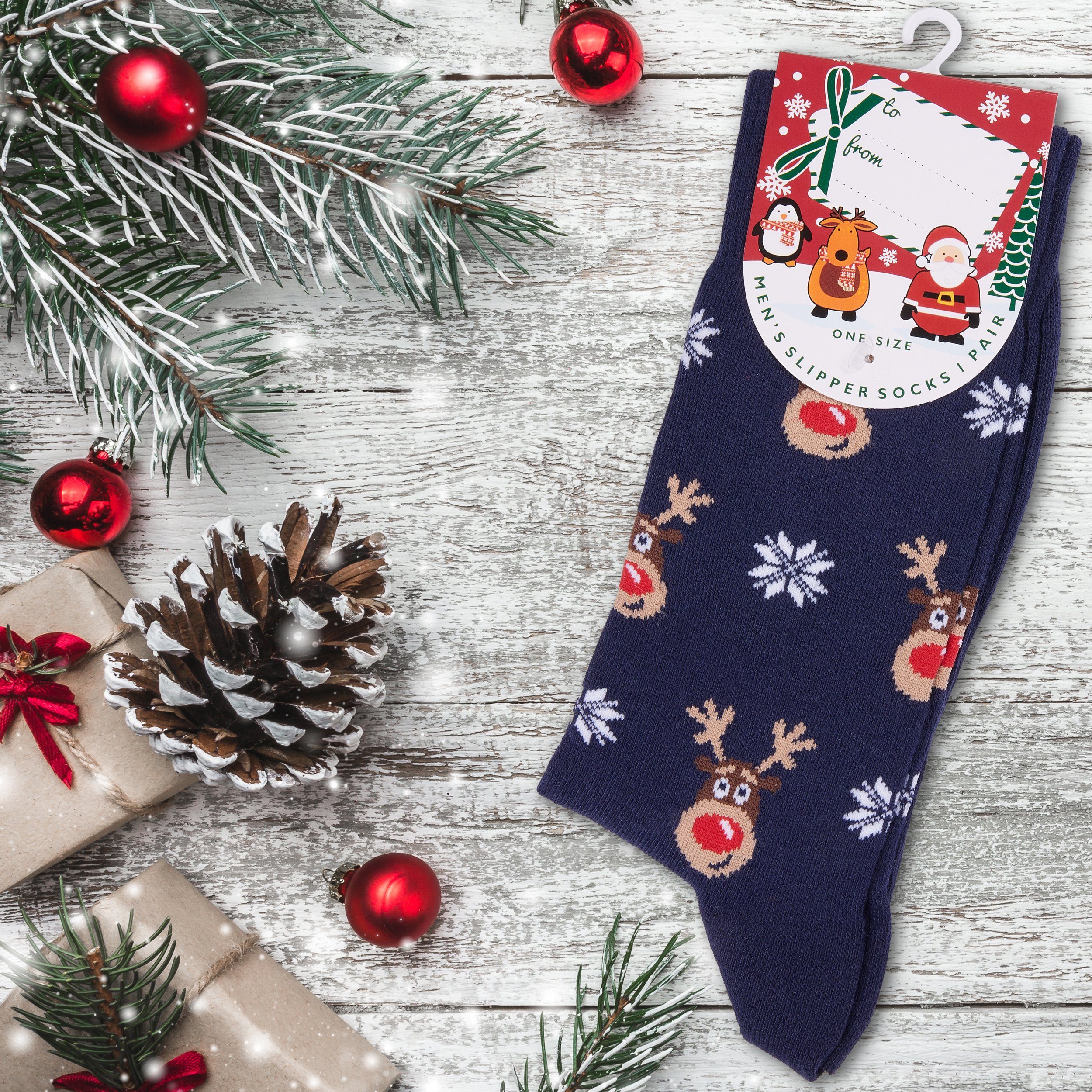 BRUBAKER Socken Weihnachtssocken für Damen und Herren (Rudolph, 1-Paar, 1 Paar) Festliche Weihnachtsmotive Rentiere - Baumwolle Socken Weihnachten
