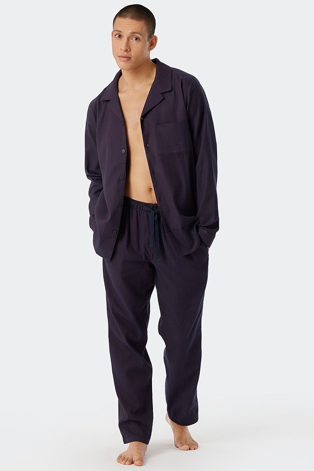 (803) Schlafanzug wärmenden aus Story Herren (Set) Webflanell Schiesser Pyjama lang dunkelblau