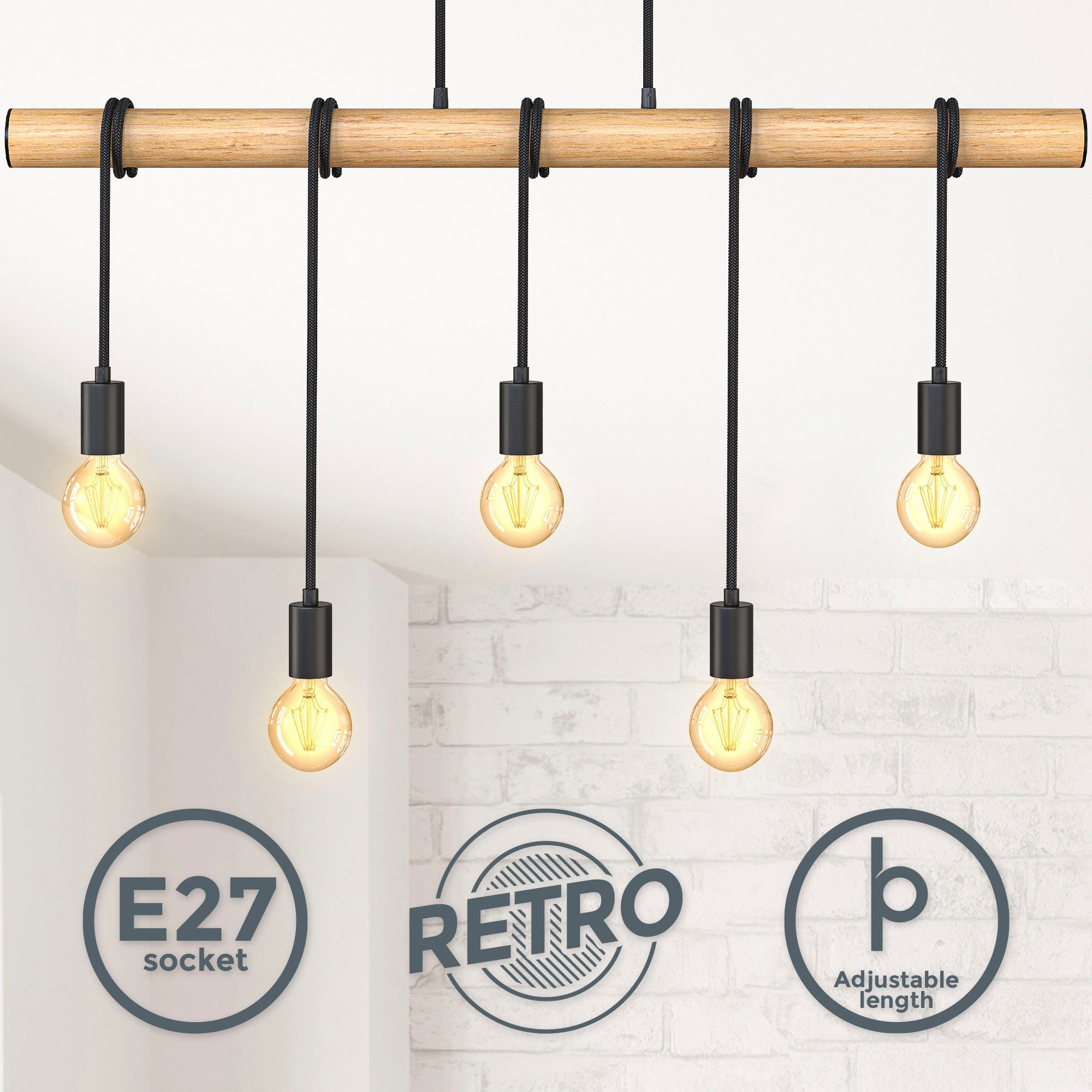 B.K.Licht Pendelleuchte BK_PL1339 Holz-Pendellampe, Schwarz matt, günstig online kaufen