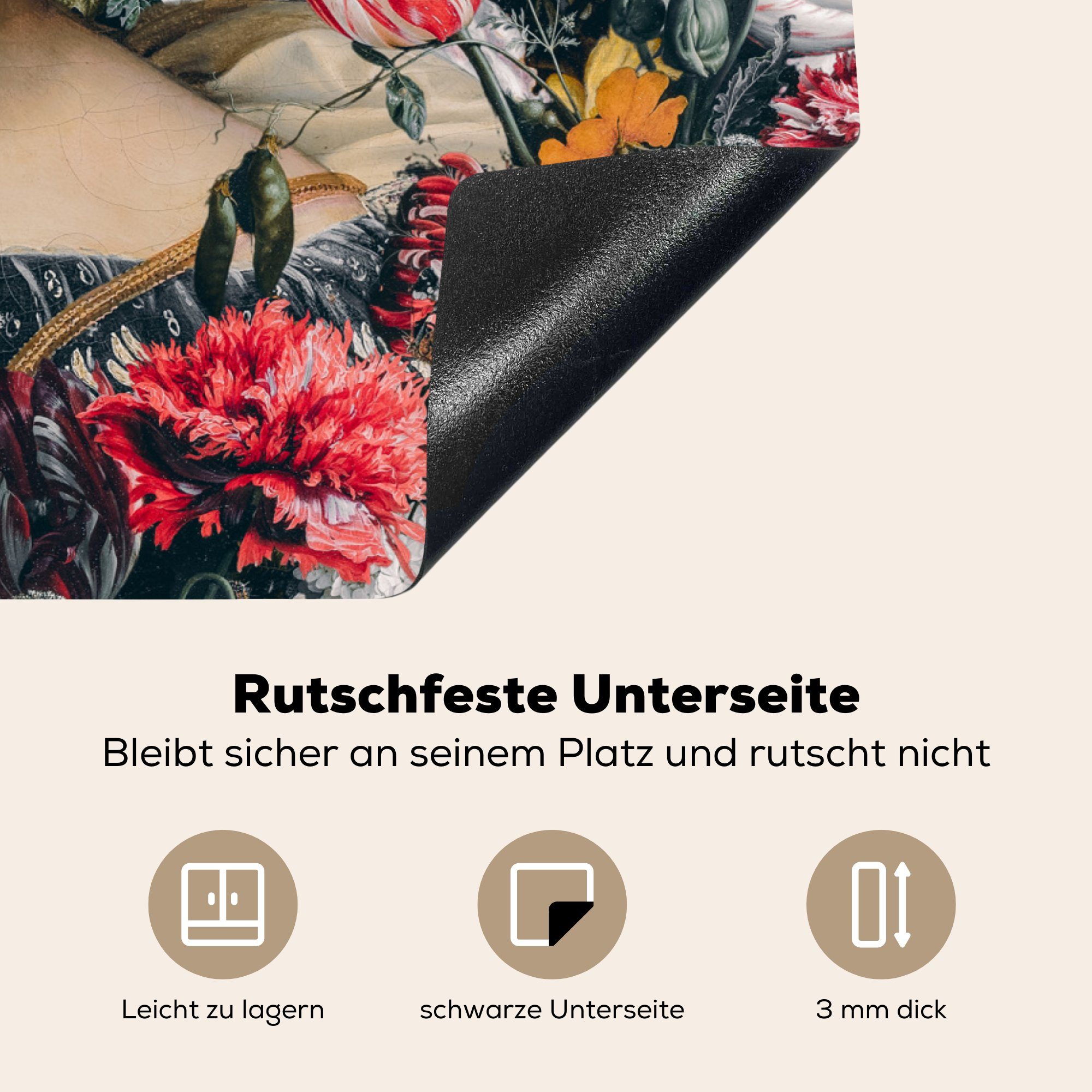 MuchoWow Herdblende-/Abdeckplatte Alte Meister Ceranfeldabdeckung küche, - (1 tlg), cm, Induktionskochfeld Collage, Schutz - Vinyl, Blumen 71x52 die für