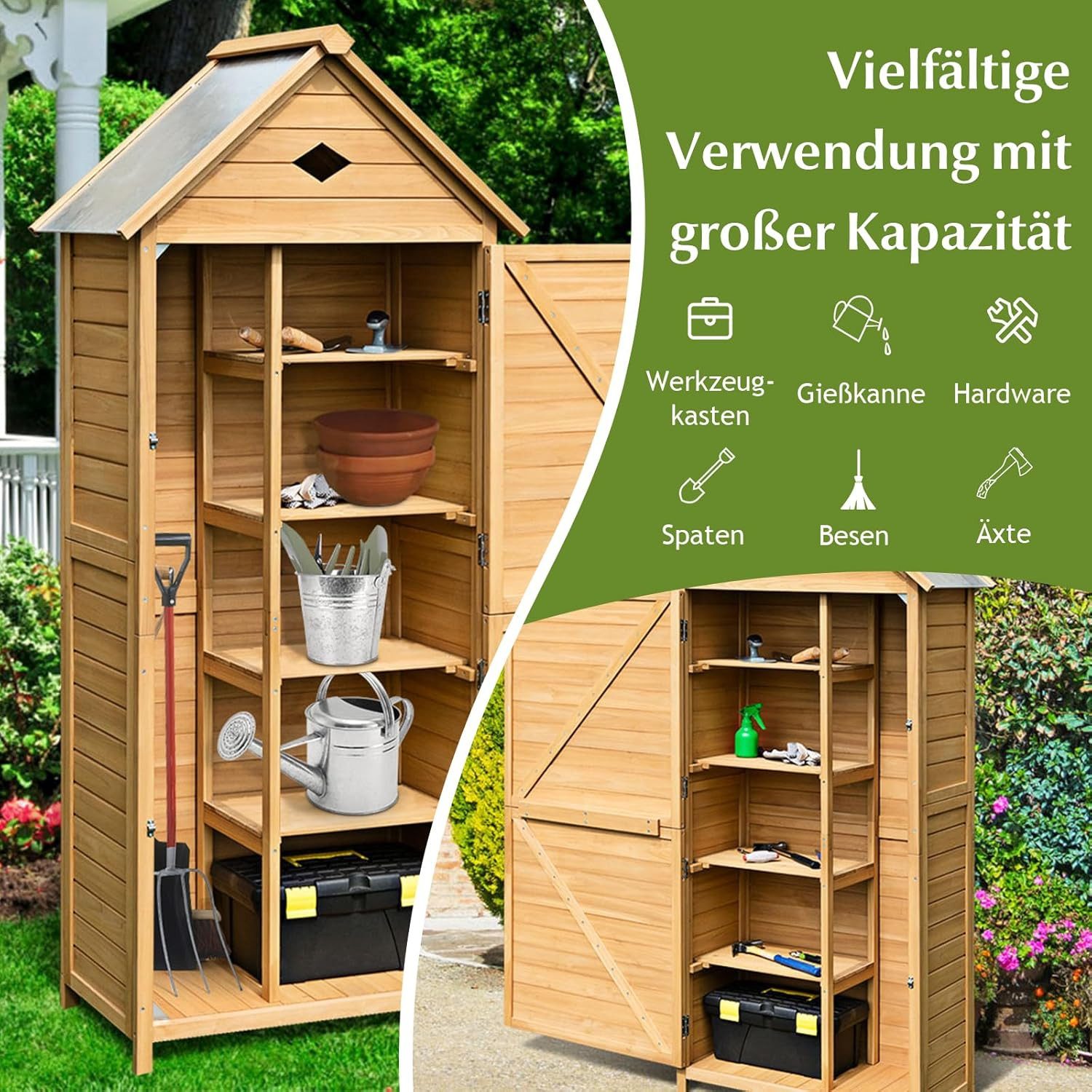 KOMFOTTEU Garten-Geräteschrank Gartenhaus Geräteschuppen, mit Satteldach & Ablagen & Schloss