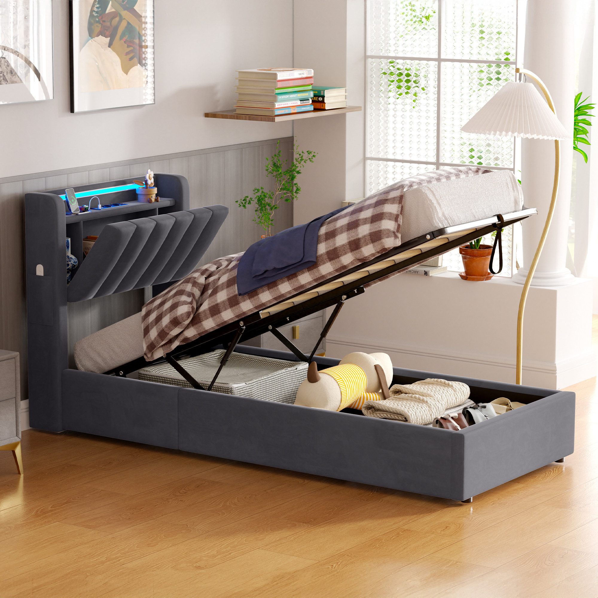 OKWISH Polsterbett mit Hydraulik, LED-Beleuchtung, Steckdosen und USB-Ladeanschlüssen (Funktionsbett, 1-tlg., 90x200 cm, Samt,ohne Matratze), Kopfteil mit Einlegeböden und Stauraum