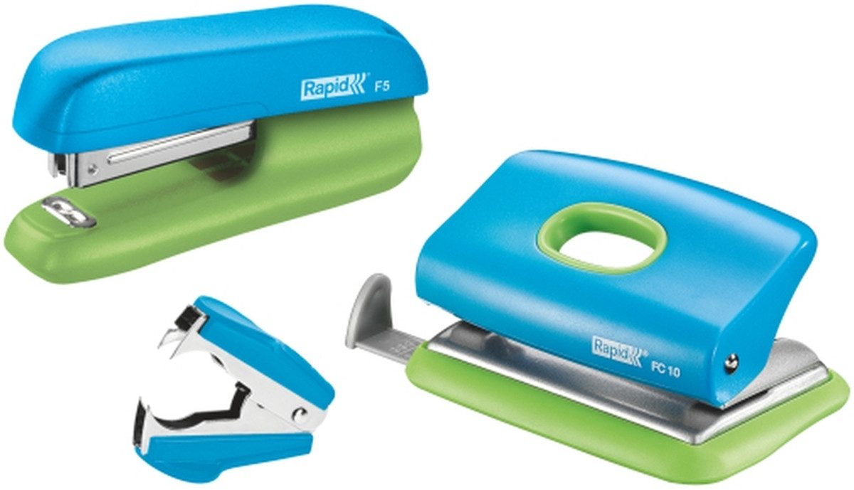 LEITZ Tischaufsatz Schreibtisch-Set Heftgerät F5, Locher FC10, Enthefter C2 blau/grün