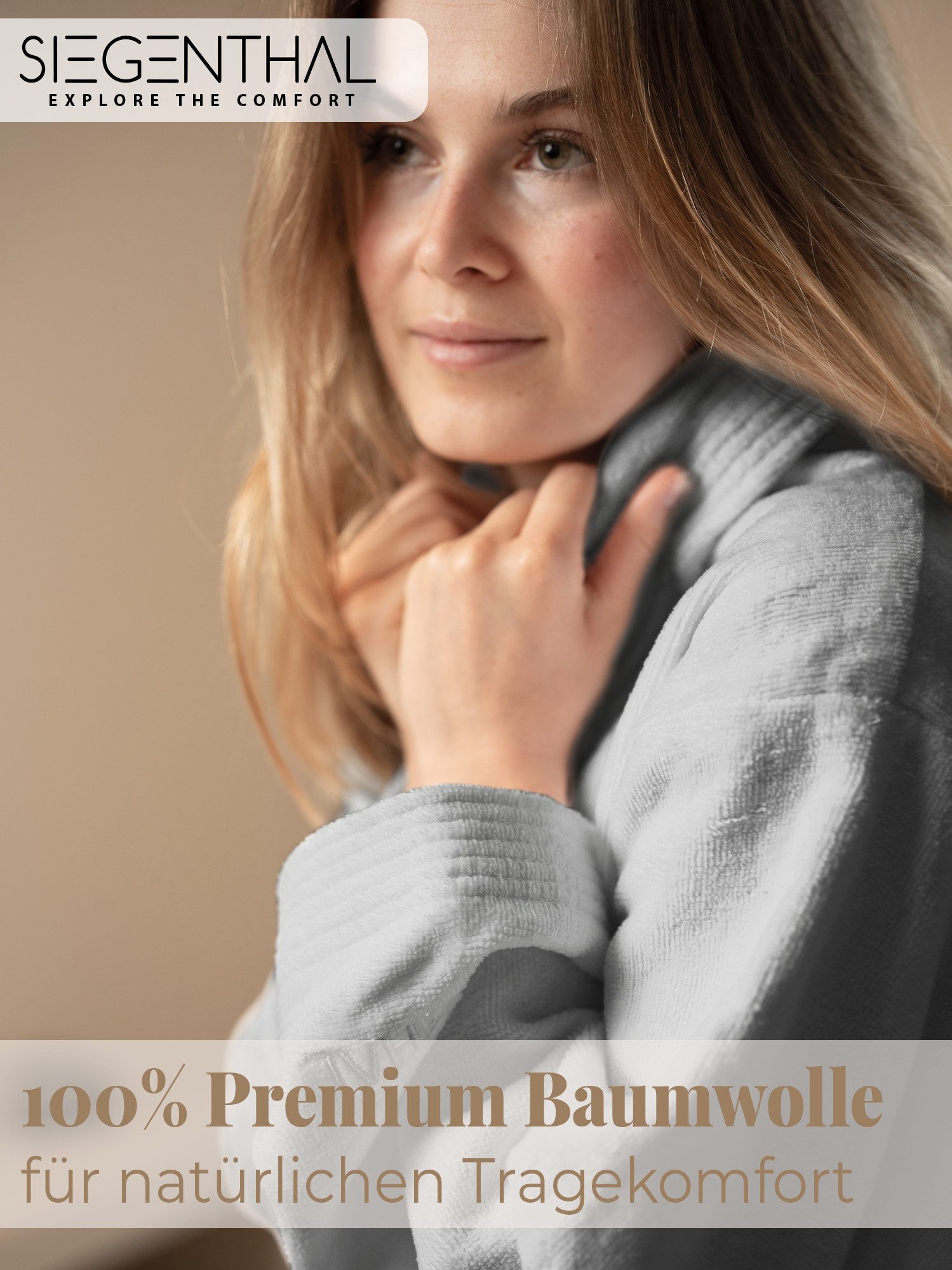 SIEGENTHAL Damenbademantel Damen Bademantel Frottee Velour Schalkragen Flauschig Wadenlang, Schalkragen, Gürtel, saugfähigem Frottee,Pflegeleicht und langlebig,praktische Taschen