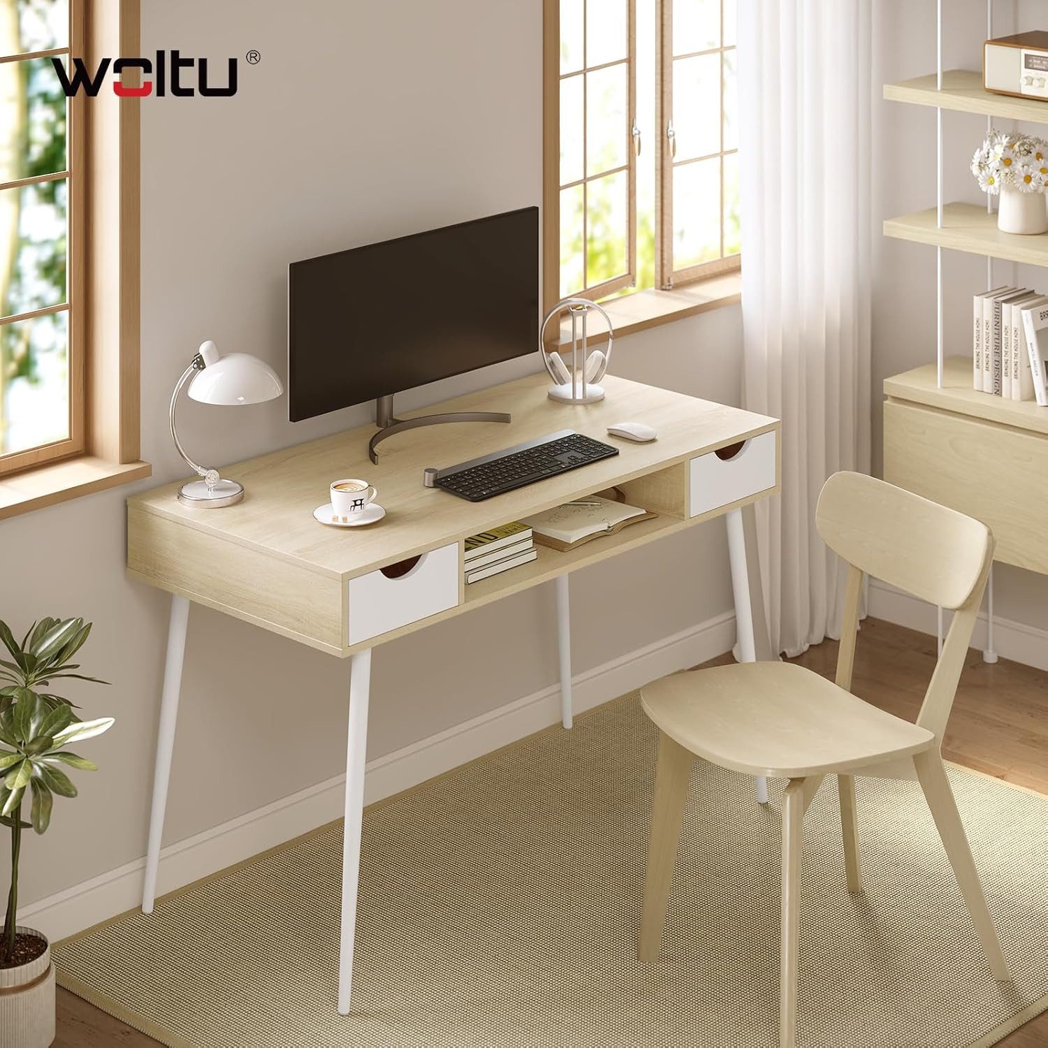 Woltu Schreibtisch (1-St), 120x58cm, Arbeitstisch, Computertisch Wohnzimmer, aus Stahl, Holz