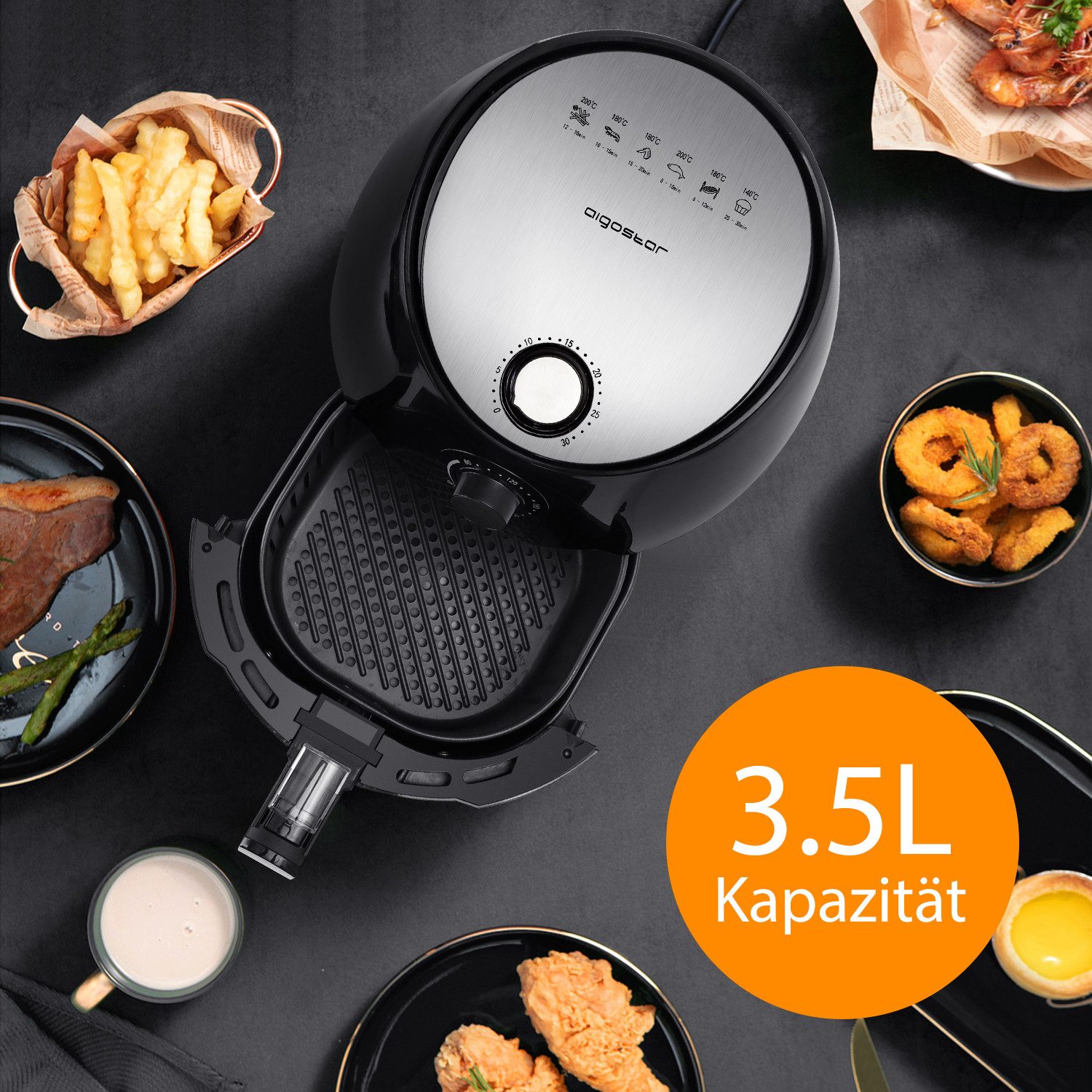 Aigostar Heißluftfritteuse 4L Airfryer, 30 Mins Timer, Einstellbare Temperatur, fettarmes Kochen, Überhitzungsschutz, 1500,00 W, Verschiedene Kochmethoden, 50% Energie sparen, Leicht zu reinigen