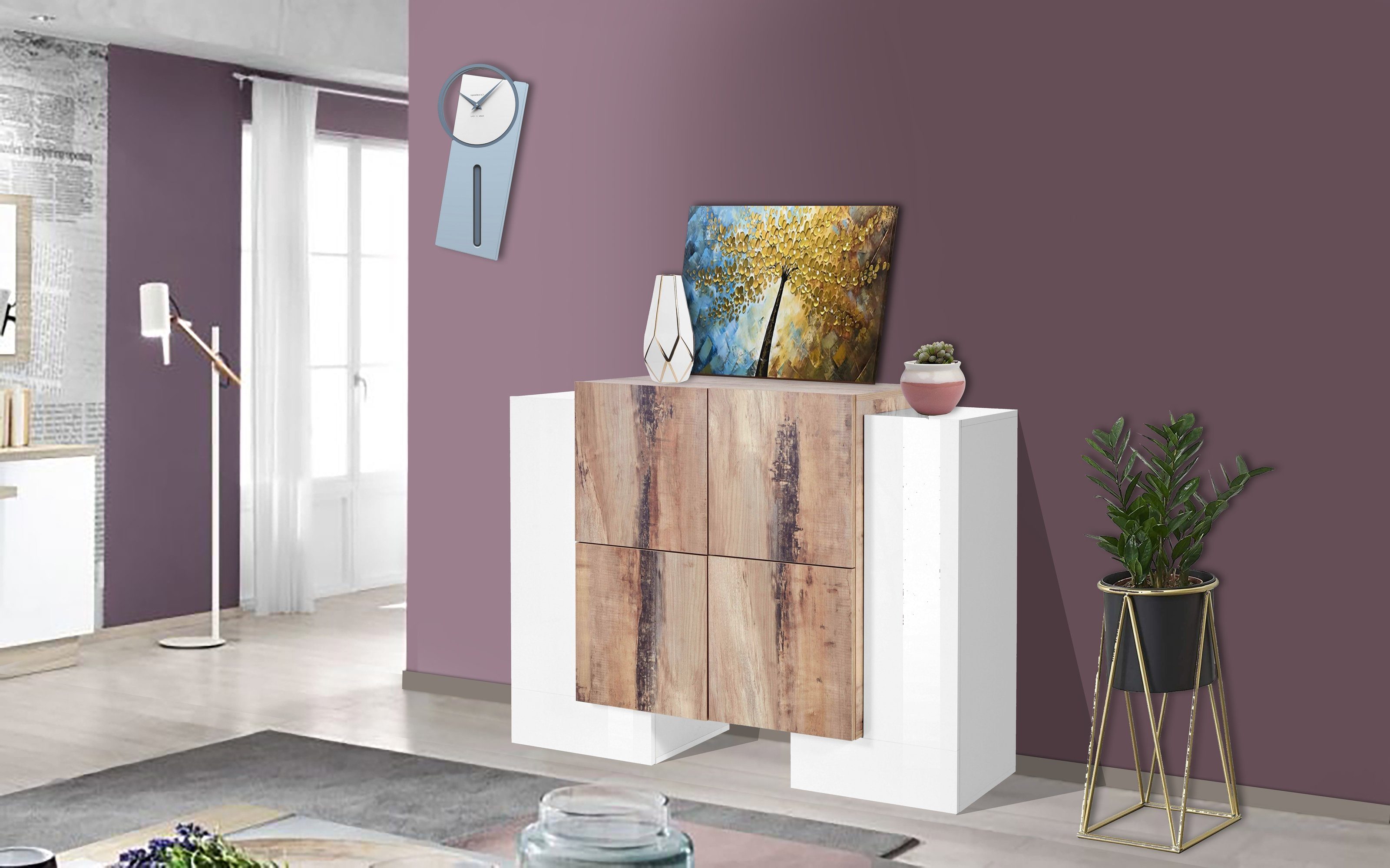 möbelando Highboard Pinerolo, Modernes Highboard aus Spanplatte in Weiß-Hochglanz, Absetzung in Ahorn Nachbildung mit 6 Holztüren und 5 Ablageböden. Breite 130 cm, Höhe 100 cm, Tiefe 45 cm