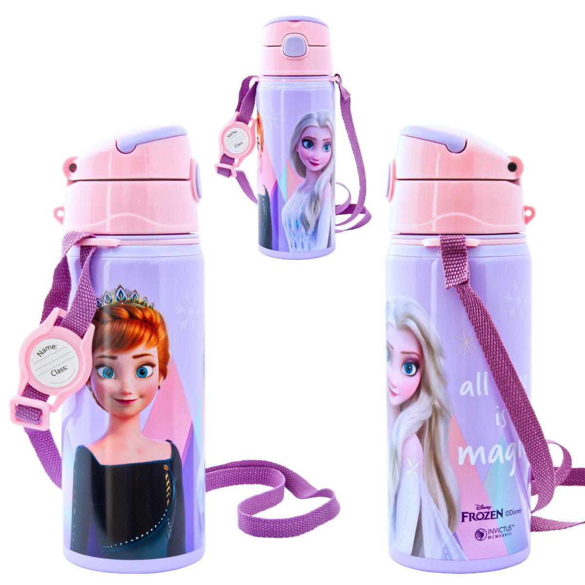 miniHeld Trinkflasche Kinder Trinkflasche Frozen 500ml Aluminium Flasche Tragegurt Elsa Anna