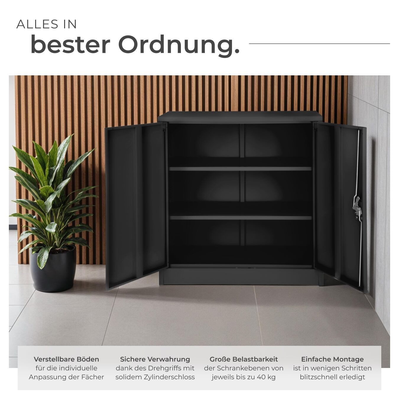 tectake Aktenschrank Büroschrank mit 3 Böden, abschließbar, 90x40x90 cm (Komplettset, 1-St., 1-St., inkl. Schlüssel) aus pulverbeschichtetem Stahl – Bild 3 von 5