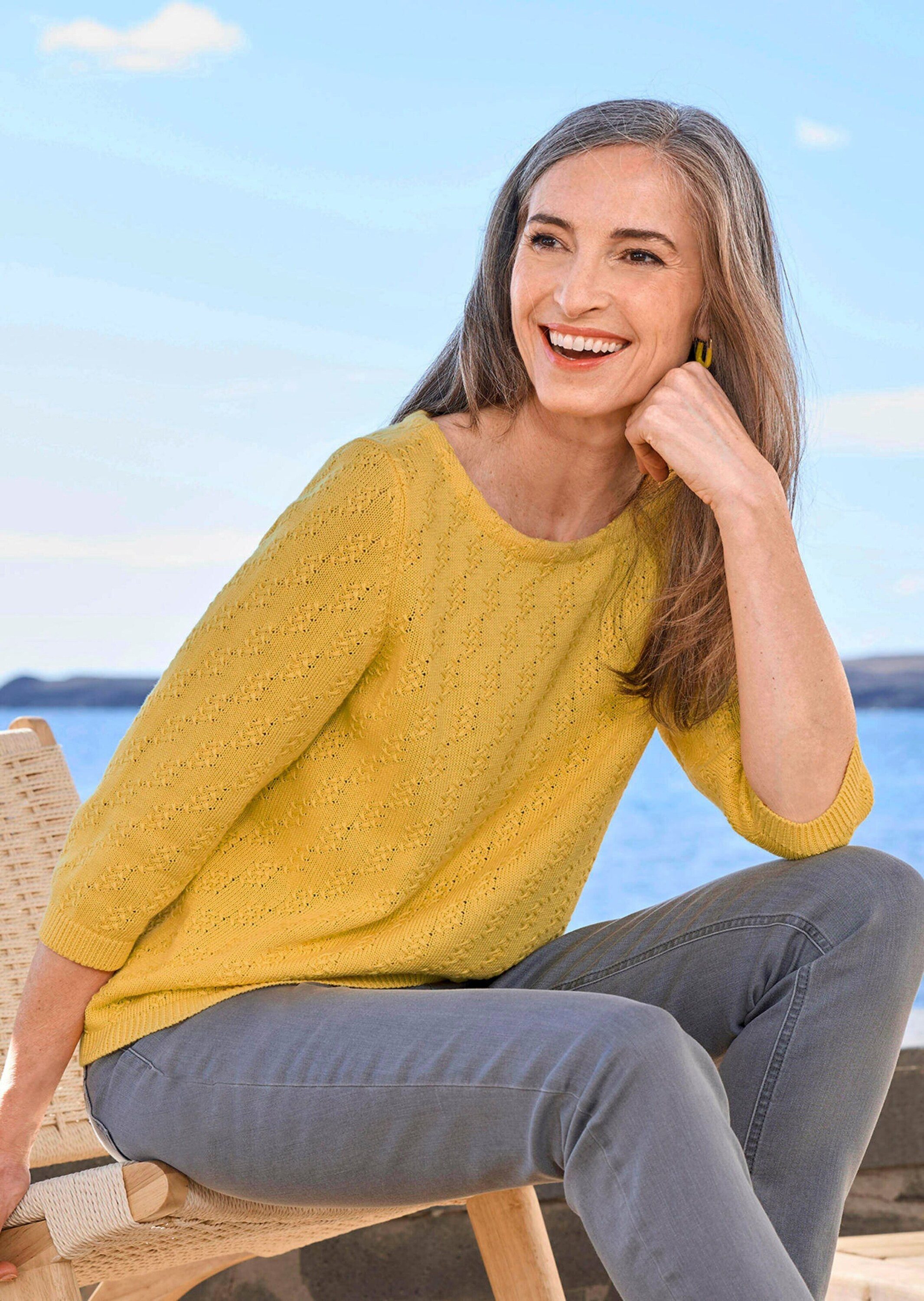 GOLDNER Strickpullover Halbarm Baumwollpullover mit Struktur Elegantes Strickoberteil mit U-Boot-Ausschnitt und 3/4-Ärmel