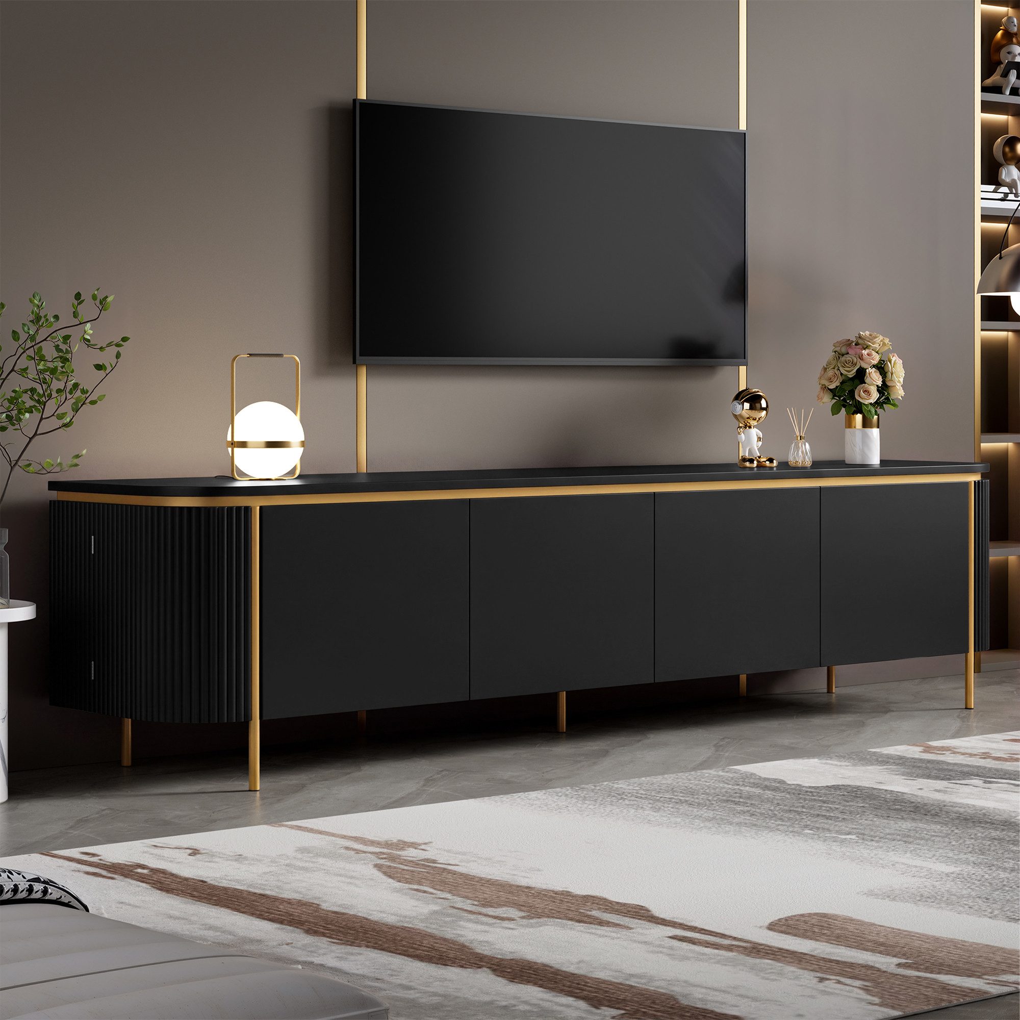 Merax Lowboard mit 6 Türen, Stauraum & Eisenfüßen, Fernsehtisch mit Riffeloptik (180x38x46 cm, 1 St), TV-Schrank mit grifflosem Design, abgerundeten Enden & Kabeldurchlass