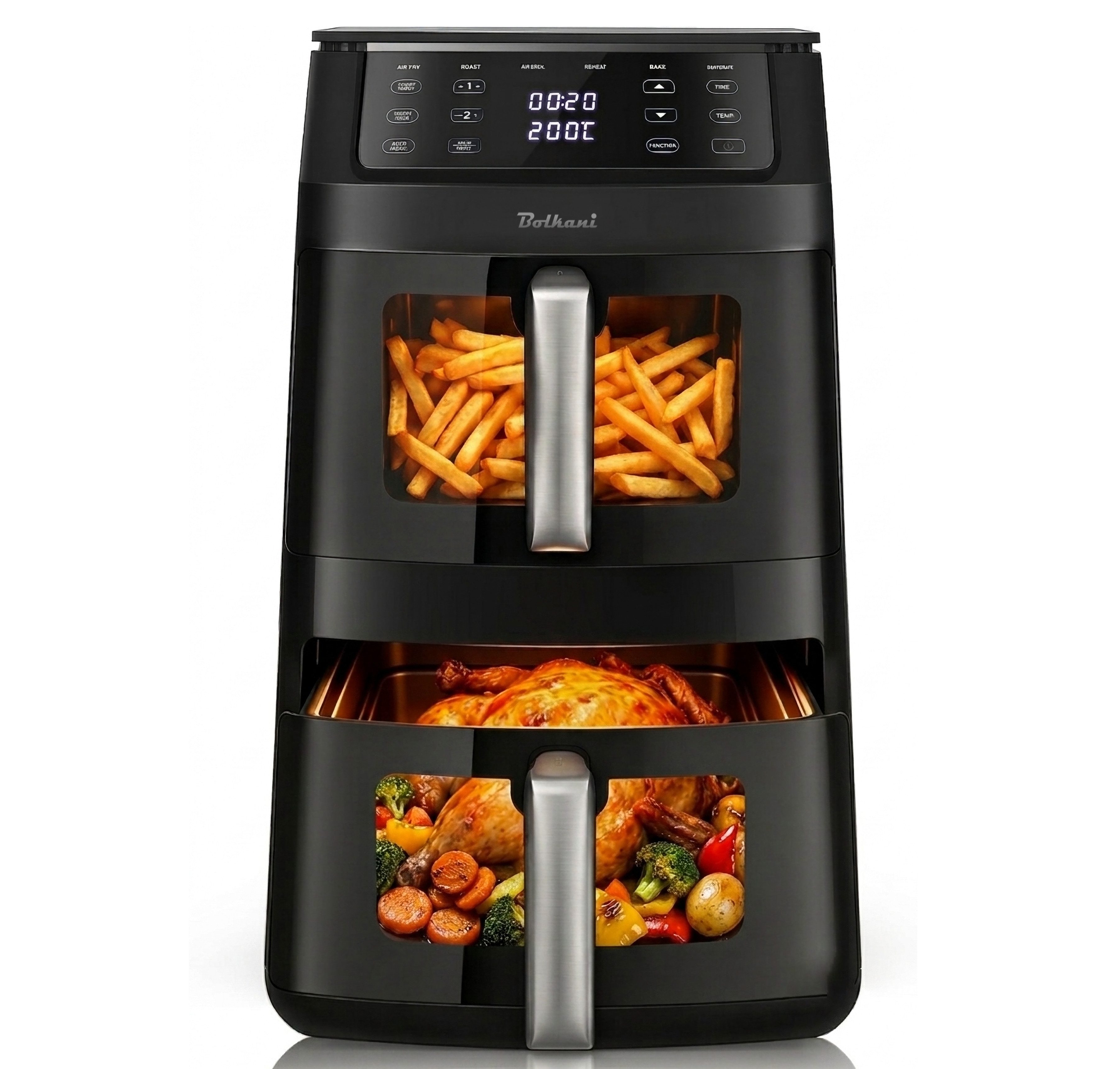 Bolkani Heißluftfritteuse AF1102T, 2500 W, Doppelkammer, 2 Garzonen, 11 L, 6 Programme, Sichtfenster
