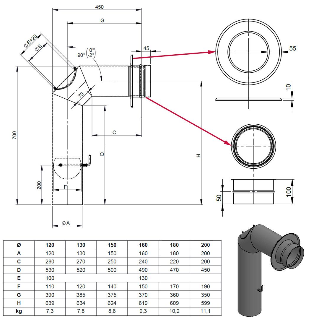 Feuercampus Ofenrohr Ø 150 mm Ofenrohrset kantig - mit Tür und Drosselklappe - schwarz, 150 mm