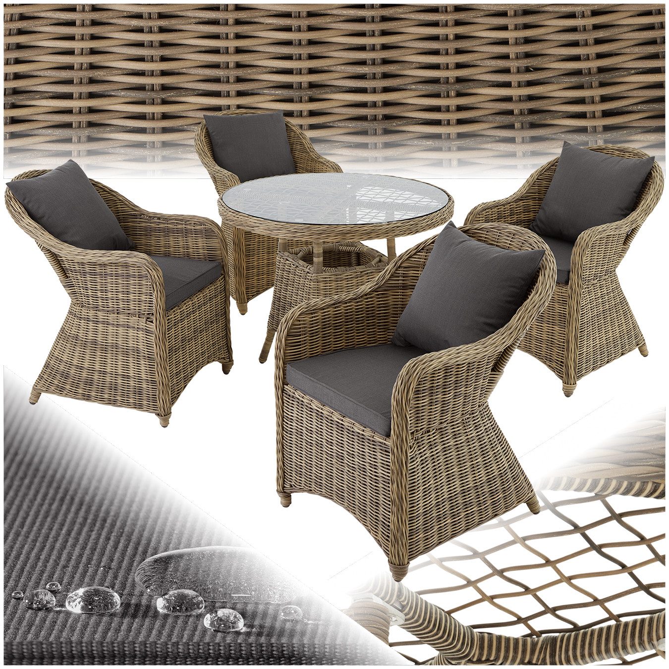 tectake Sitzgruppe Rattan Sitzgruppe, (Set., 5-tlg), Natur nachempfundenes Polyrattan - Wettertauglich