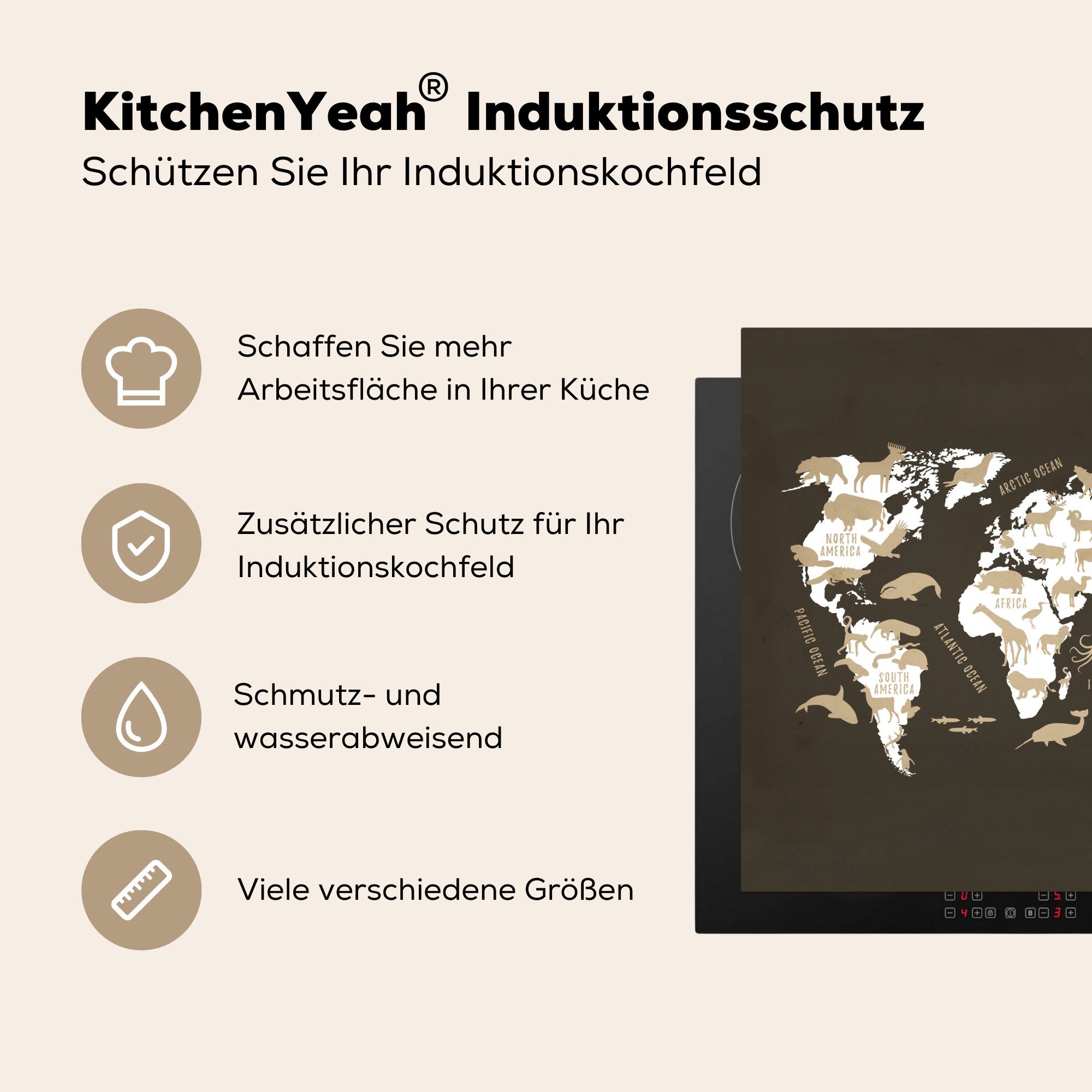 Tiere, Weltkarte - Herdblende-/Abdeckplatte Weiß 78x78 cm, tlg), küche für - Vinyl, (1 MuchoWow Arbeitsplatte Ceranfeldabdeckung,