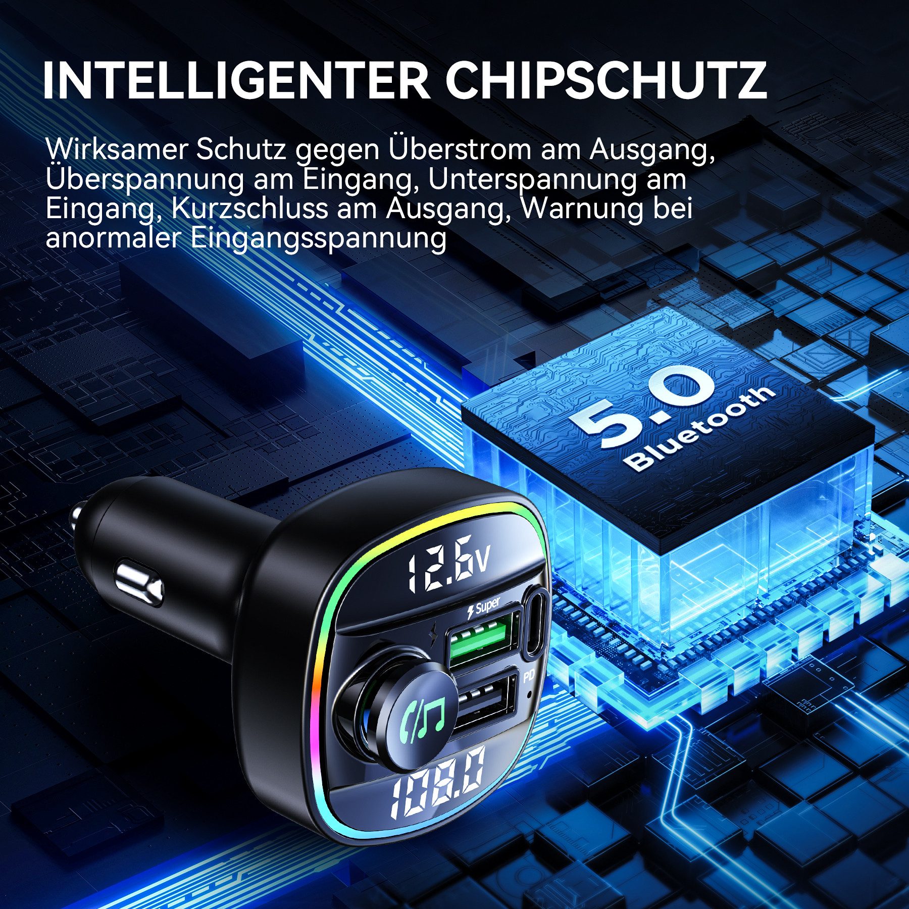 Senmudi Zigarettenanzünder-Verteiler Bluetooth 5.0 FM Transmitter für Auto Ladegerät USB KFZ-Transmitter (Leistungsstarke Doppel-Mikrofone mit Rauschunterdrückung & Bass-Boost, Musik-Player, USB-Stick, Einhandbedienung,auto-bluetooth), Kompatibel mit iPad/iPhone/MP3/4/PSP/Camera, aufladbar