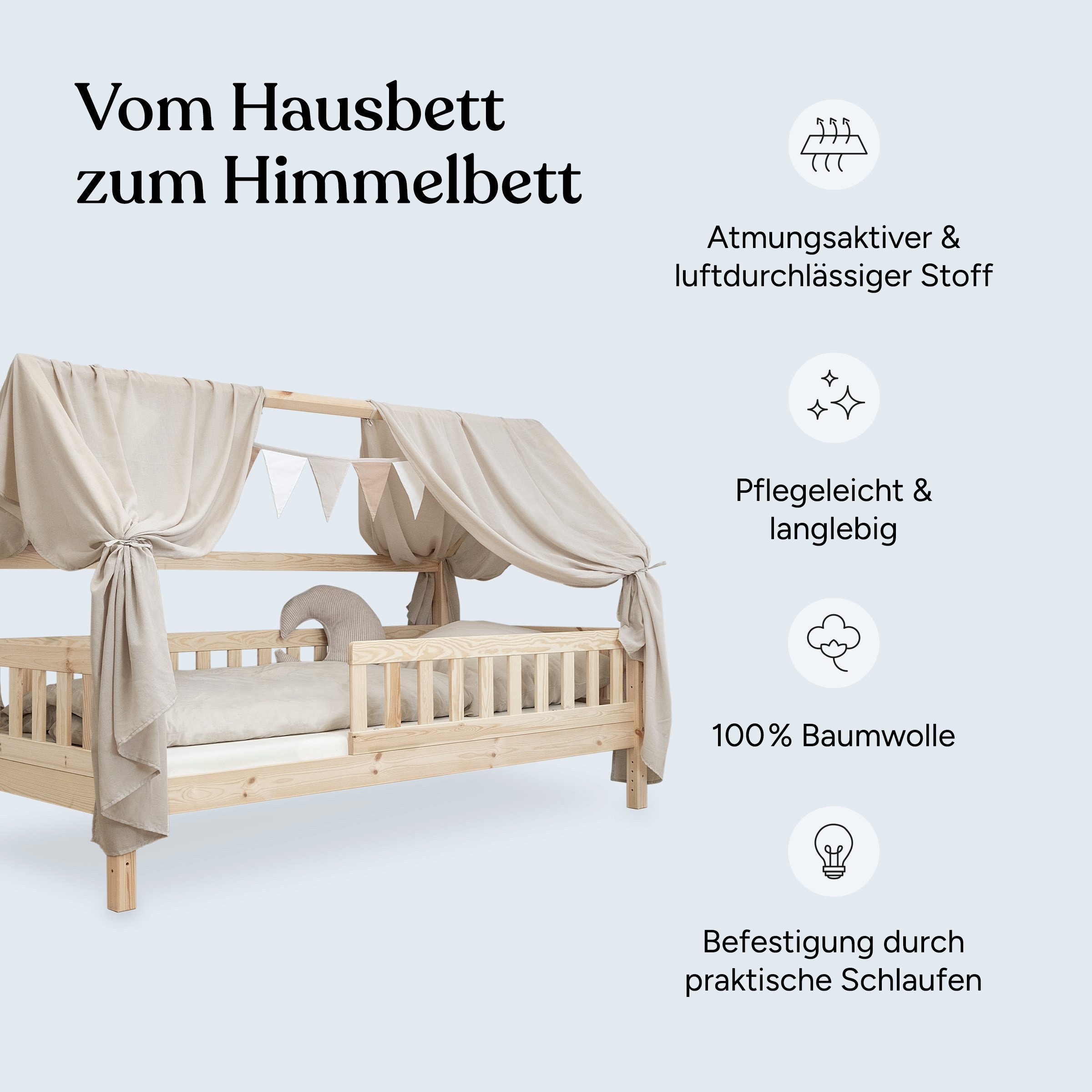 Ehrenkind Betthimmel Deko Hausbett, Kinderzimmer-Deko-Set (Kinderzimmer Deko), Betthimmel & Wimpelkette für magische Momente, hochwertige Materialien