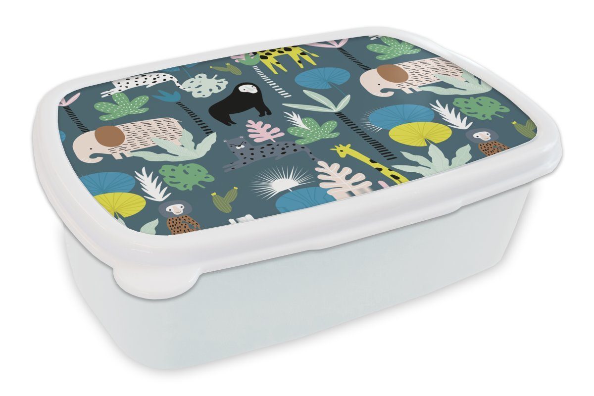 MuchoWow Lunchbox Tiere - Pflanzen - Dschungel - Blau, Kunststoff, (2-tlg), Brotbox für Kinder und Erwachsene, Brotdose, für Jungs und Mädchen weiß