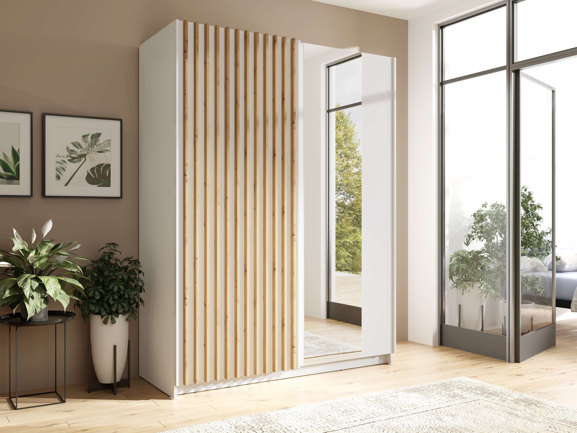 Home affaire Kleiderschrank Kleiderschrank Camden mit Spiegel, 4 Einlegeböden und Kleiderstange Garderobe mit 2 Schwebetüren und Lamellen, BxHxT 150,5x198,5x61, – Bild 5 von 5