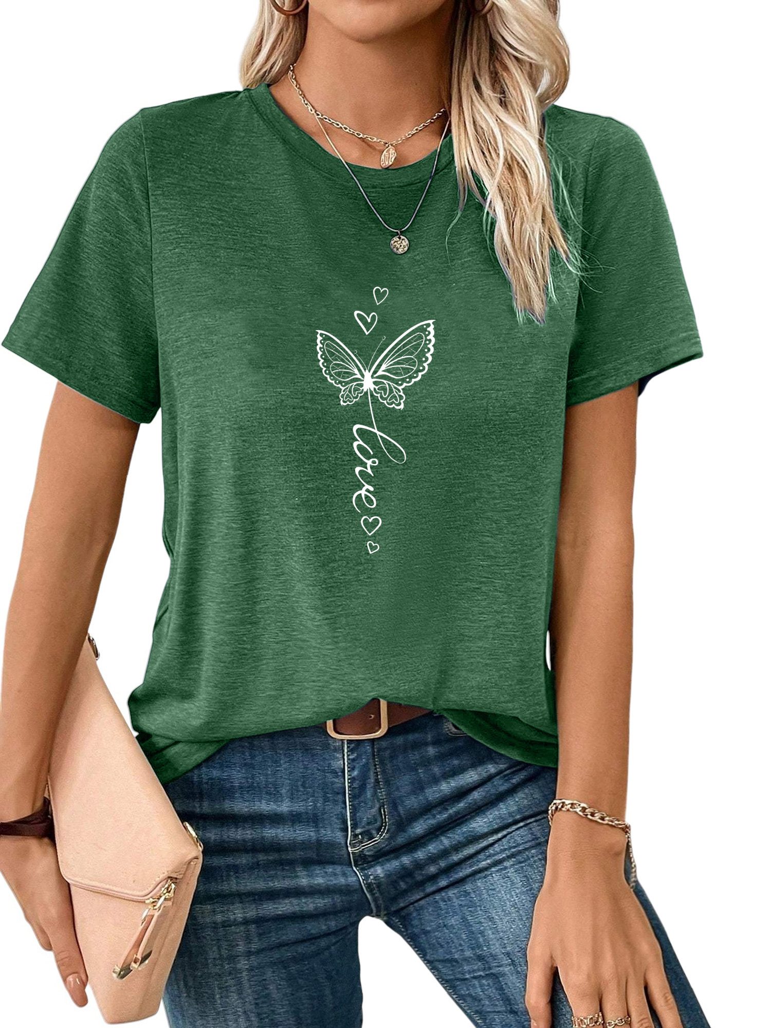 PYLIKE Kurzarmshirt Damen Kurzarmshirt mit Schmetterling Druck bequemes t shirt