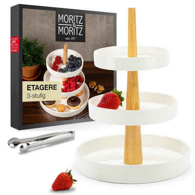 Moritz & Moritz Etagere Moritz & Moritz Etagere rund 3-Stufig weiß mit Holz Stange, Porzellan, (3 Etagen, 2-tlg), Perfekt als Obstschale für Obst Aufbewahrung, Muffins und Cupcakes