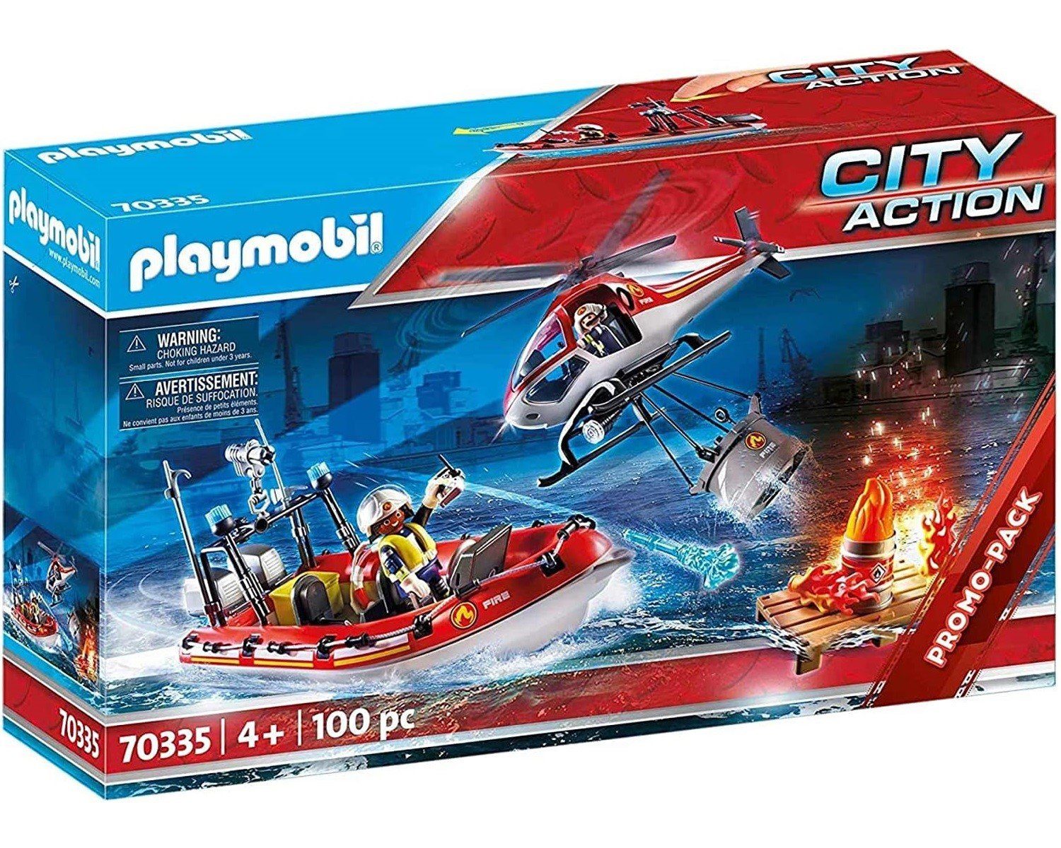 Playmobil® Spielwelt City Action Feuerwehr-Einsatz mit Heli + Boot, 70335  Hubschrauber Rettung Feuerwehr-Boot Spielzeug-Figuren Lösch-Aktion