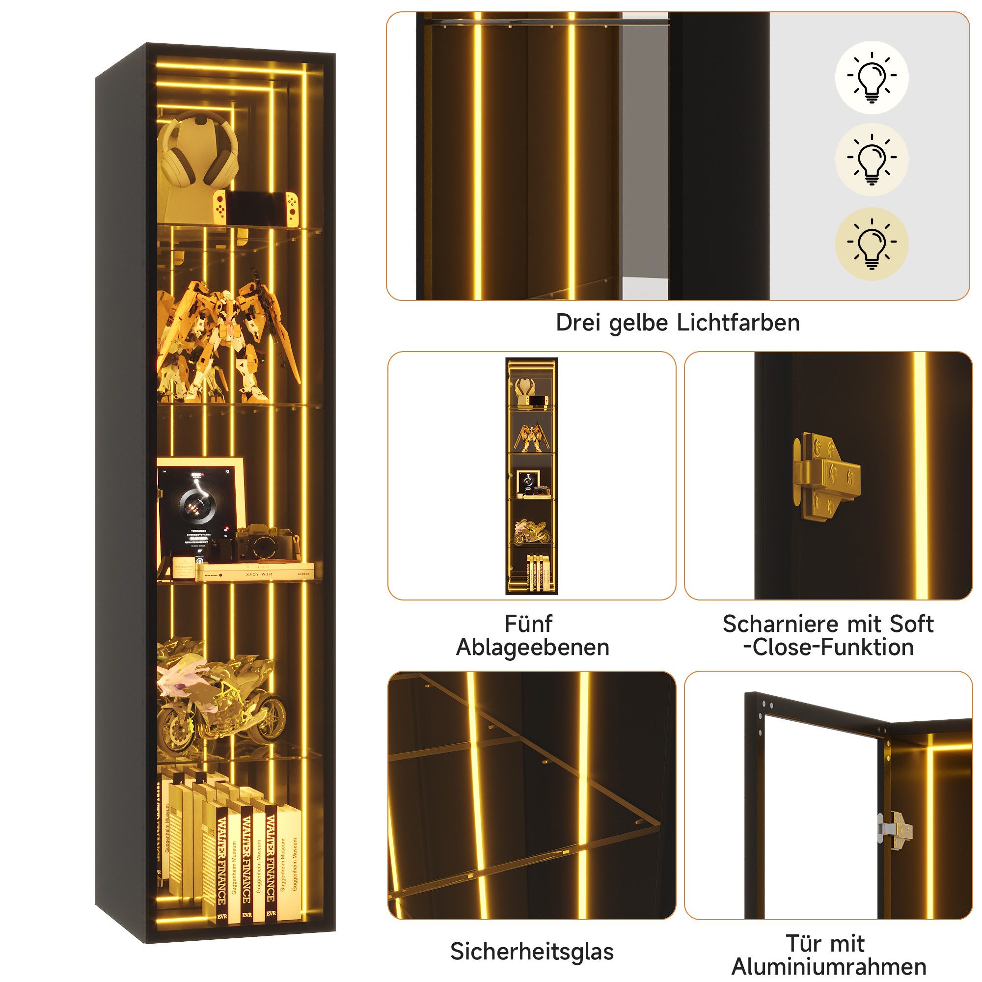 Celya Glasvitrine mit gehärtetes Glas, verstellbare Einlegebödenund LED-Lichtleiste (mit Aluminiumrahmen, 5 Staufächer, Scharniere mit Soft-Close-Funktion) Ideal für Wohnzimmer, Arbeitszimmer, Schlafzimmer